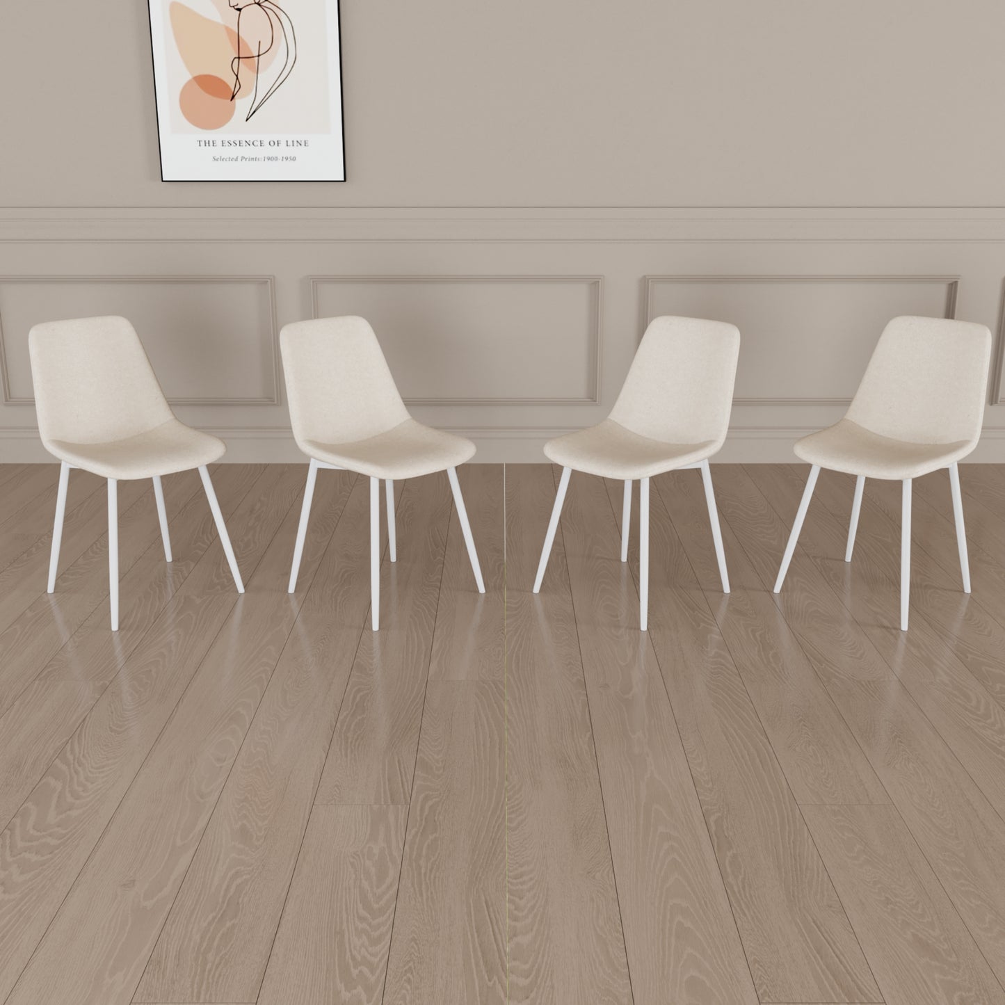 Four beige upholstered dining chairs with white metal legs arranged in a row