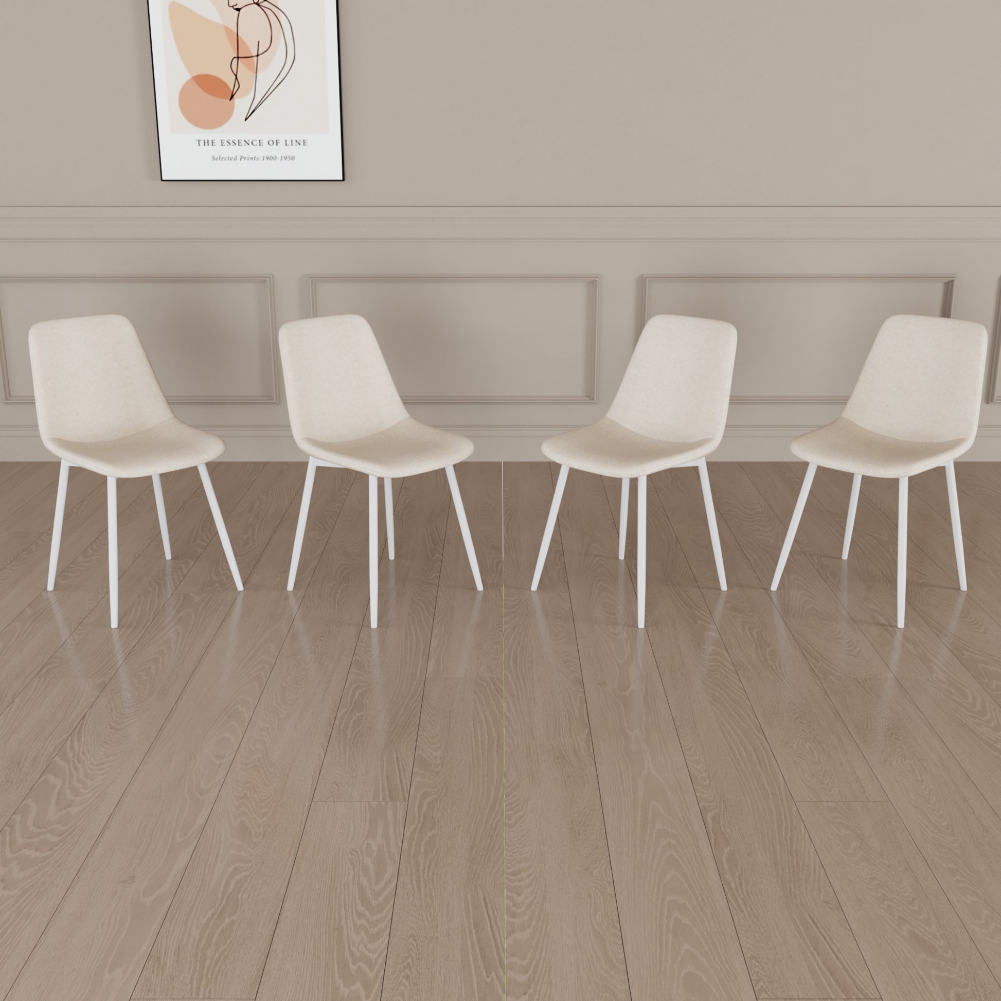 Four beige upholstered dining chairs with white metal legs arranged in a row
