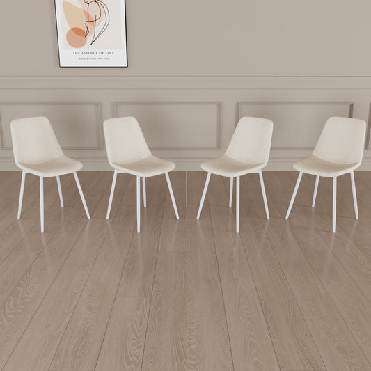 Four beige upholstered dining chairs with white metal legs arranged in a row