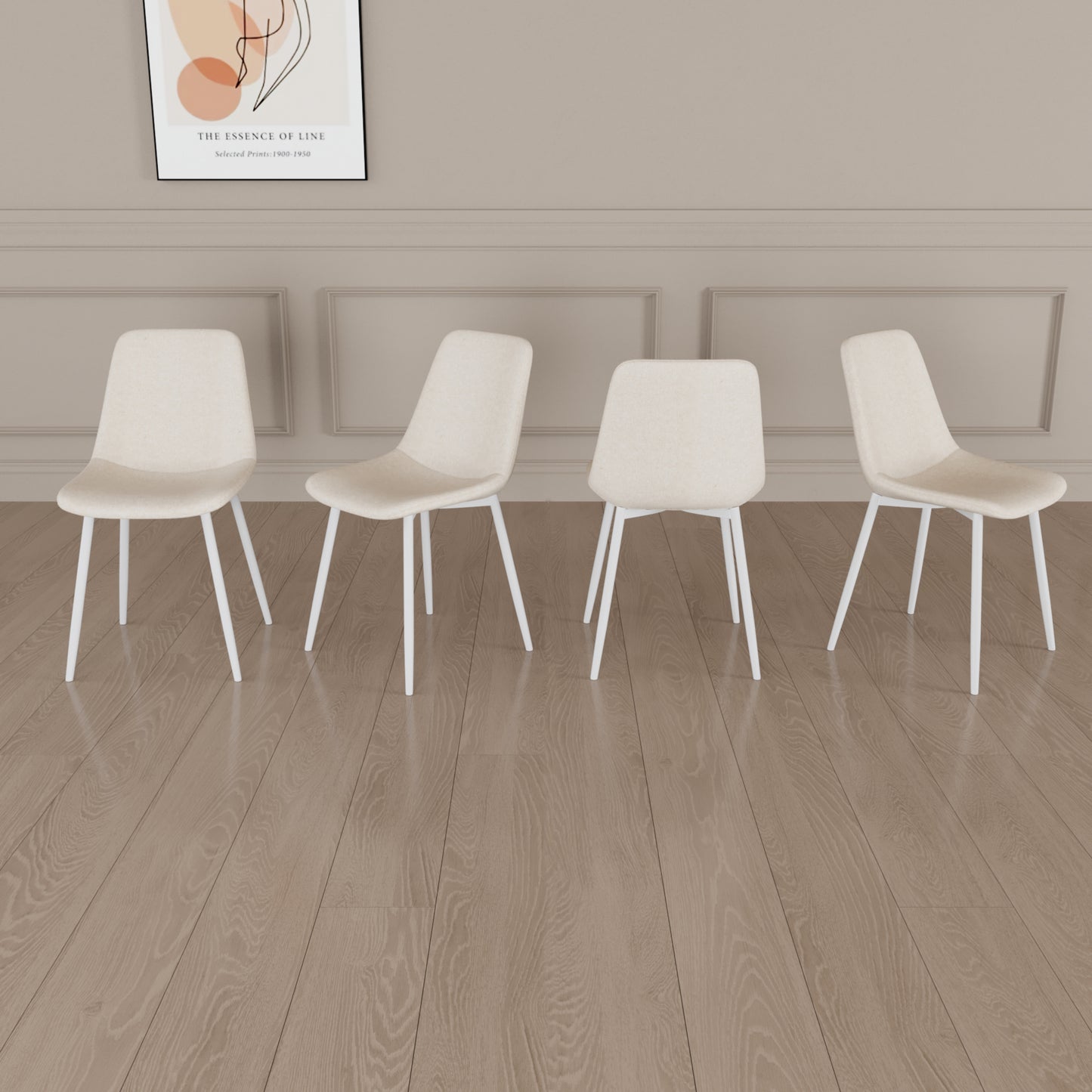 Four cream upholstered dining chairs with white metal legs modern design