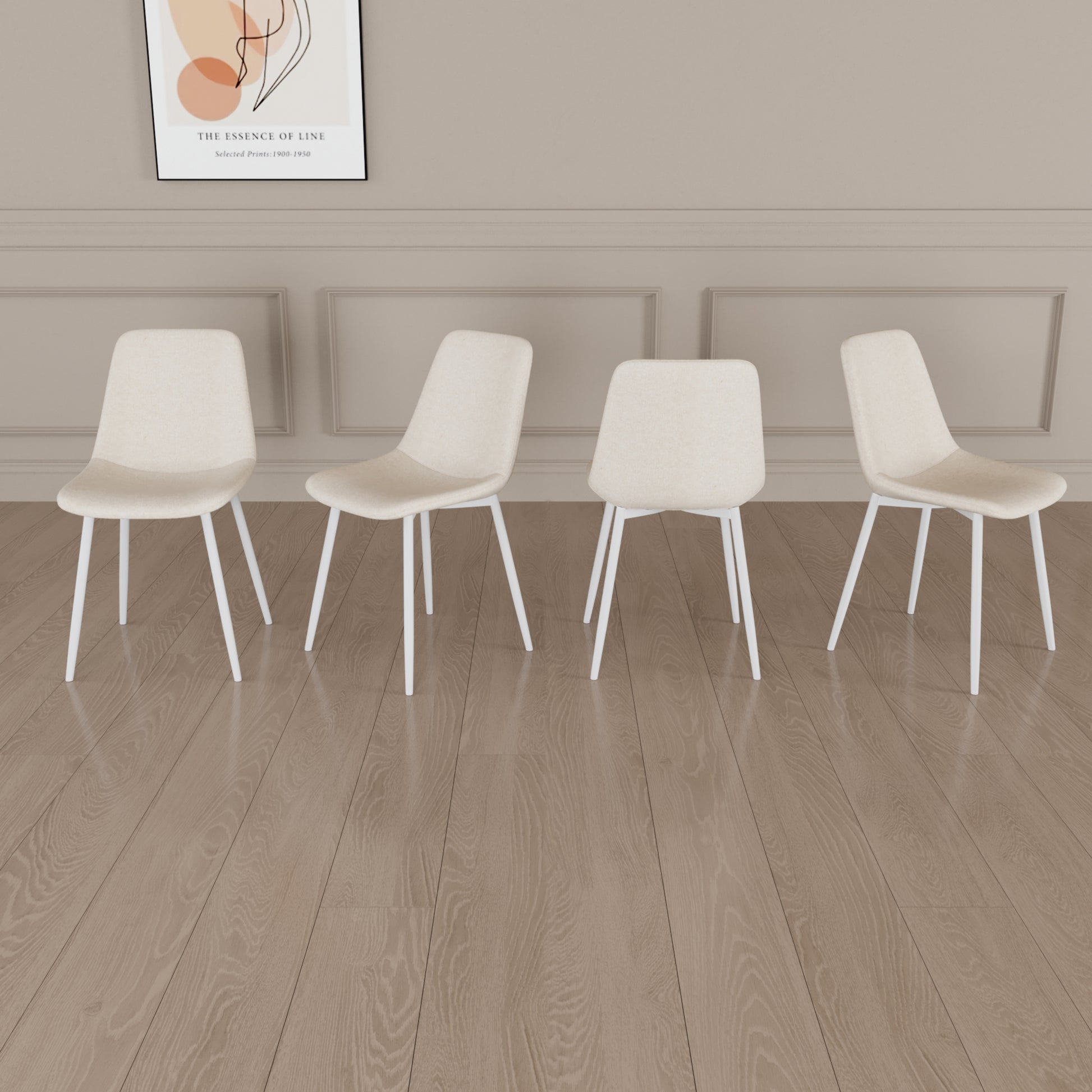 Four cream upholstered dining chairs with white metal legs modern design