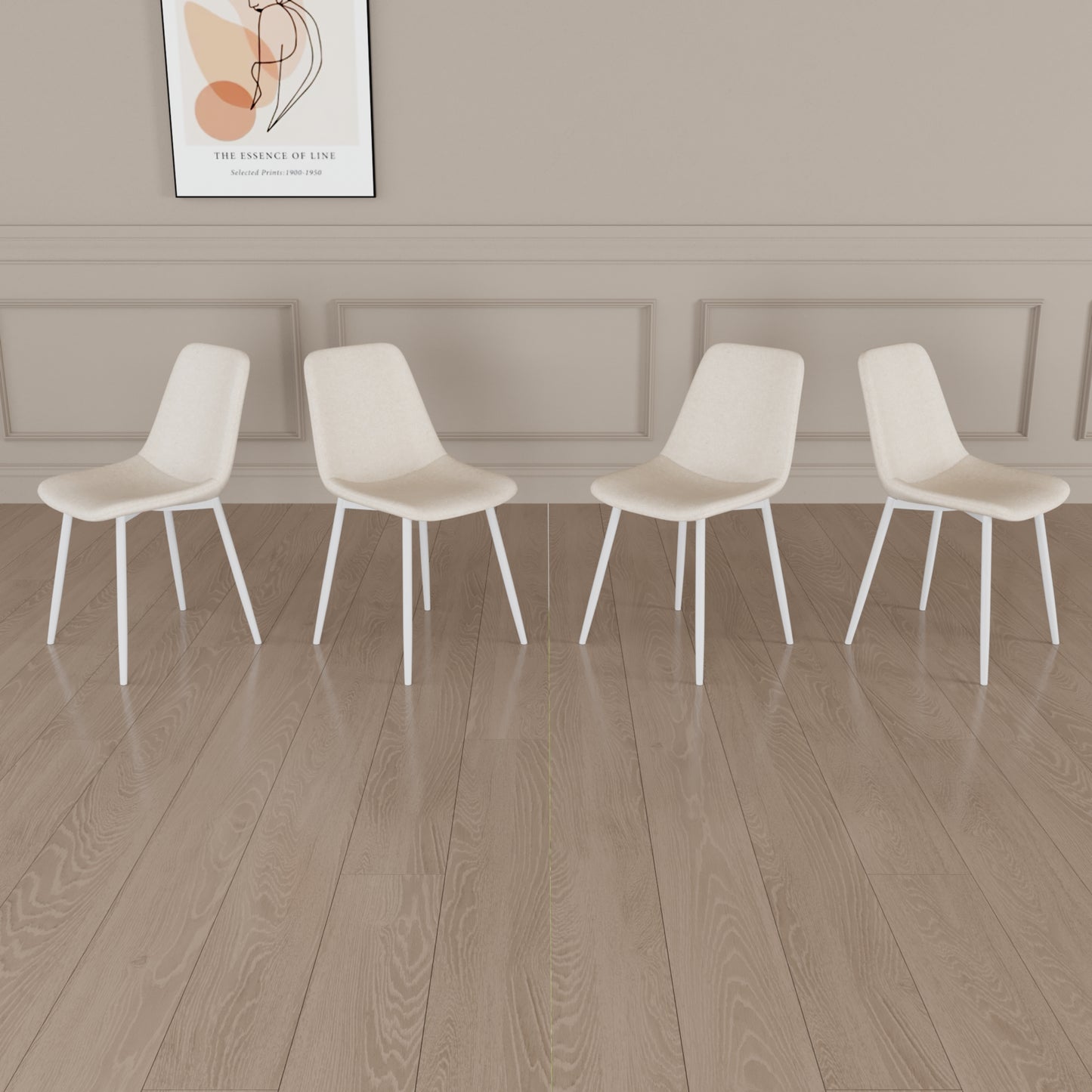 Four cream upholstered dining chairs with white metal legs set in a modern dining room
