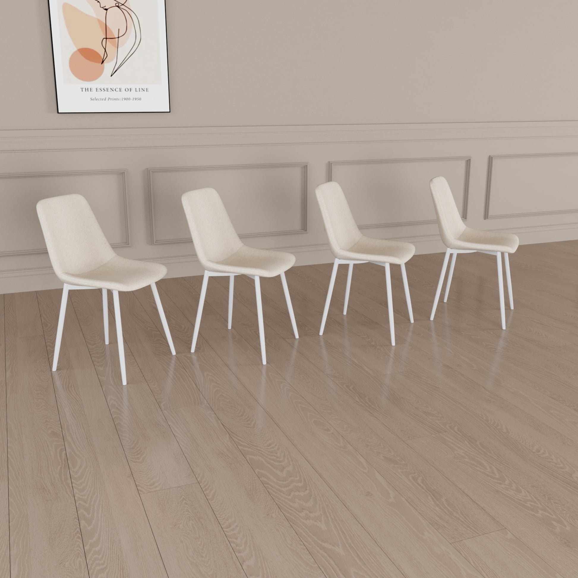 Four beige upholstered dining chairs with slender white metal legs on a light wood floor