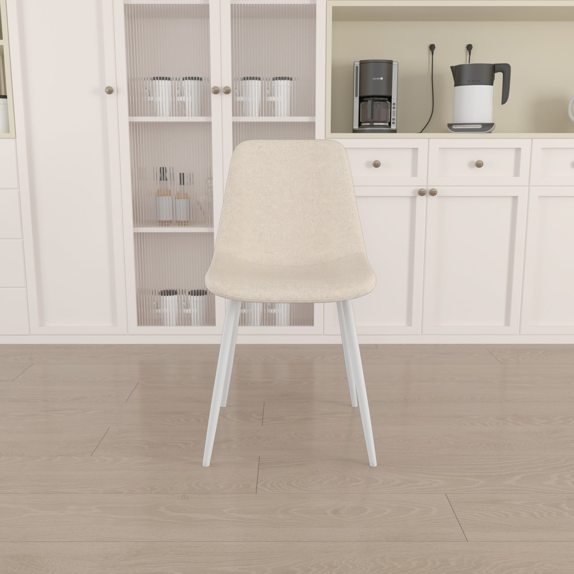 Beige fabric dining chair with white metal legs