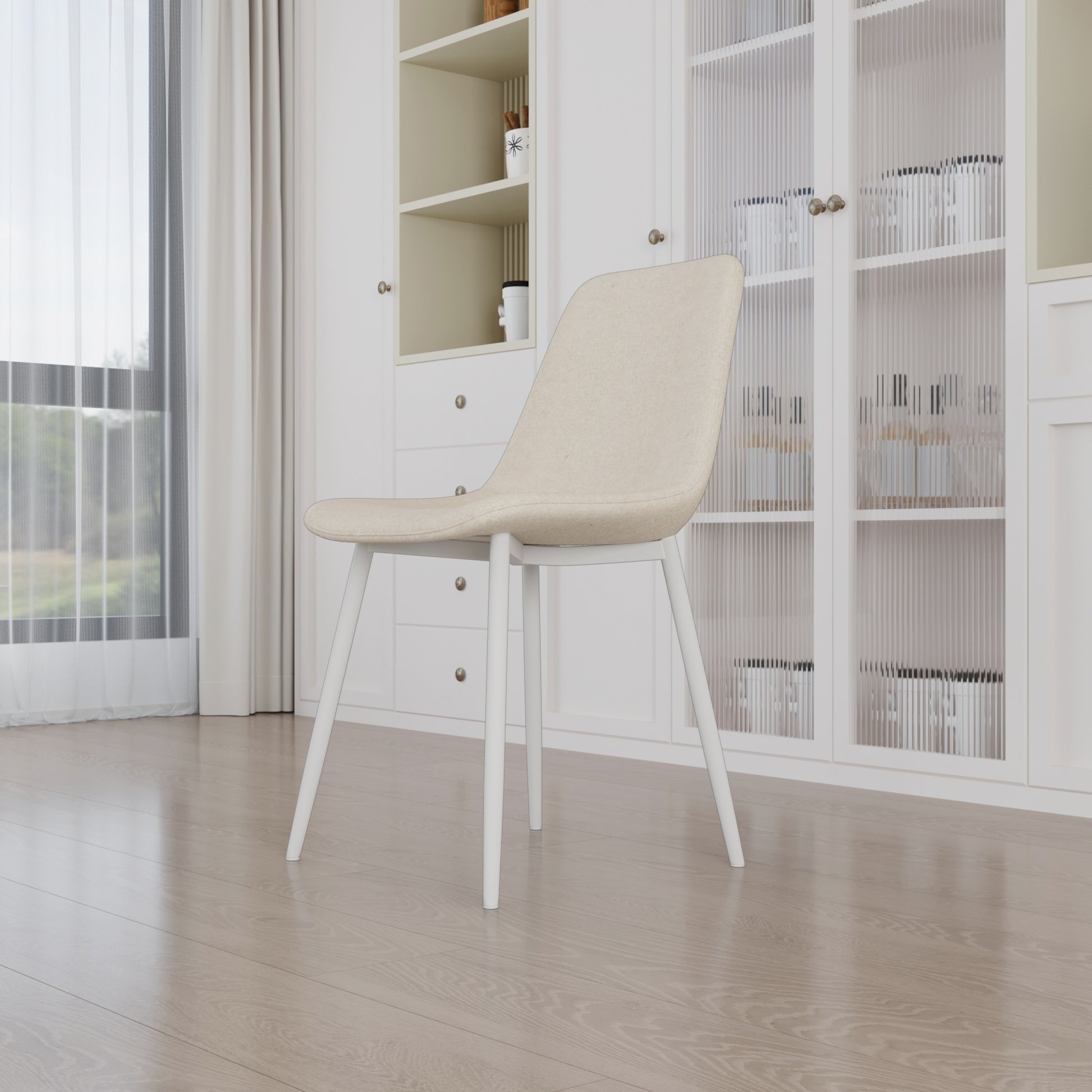 Cream upholstered dining chair with white metal legs modern design
