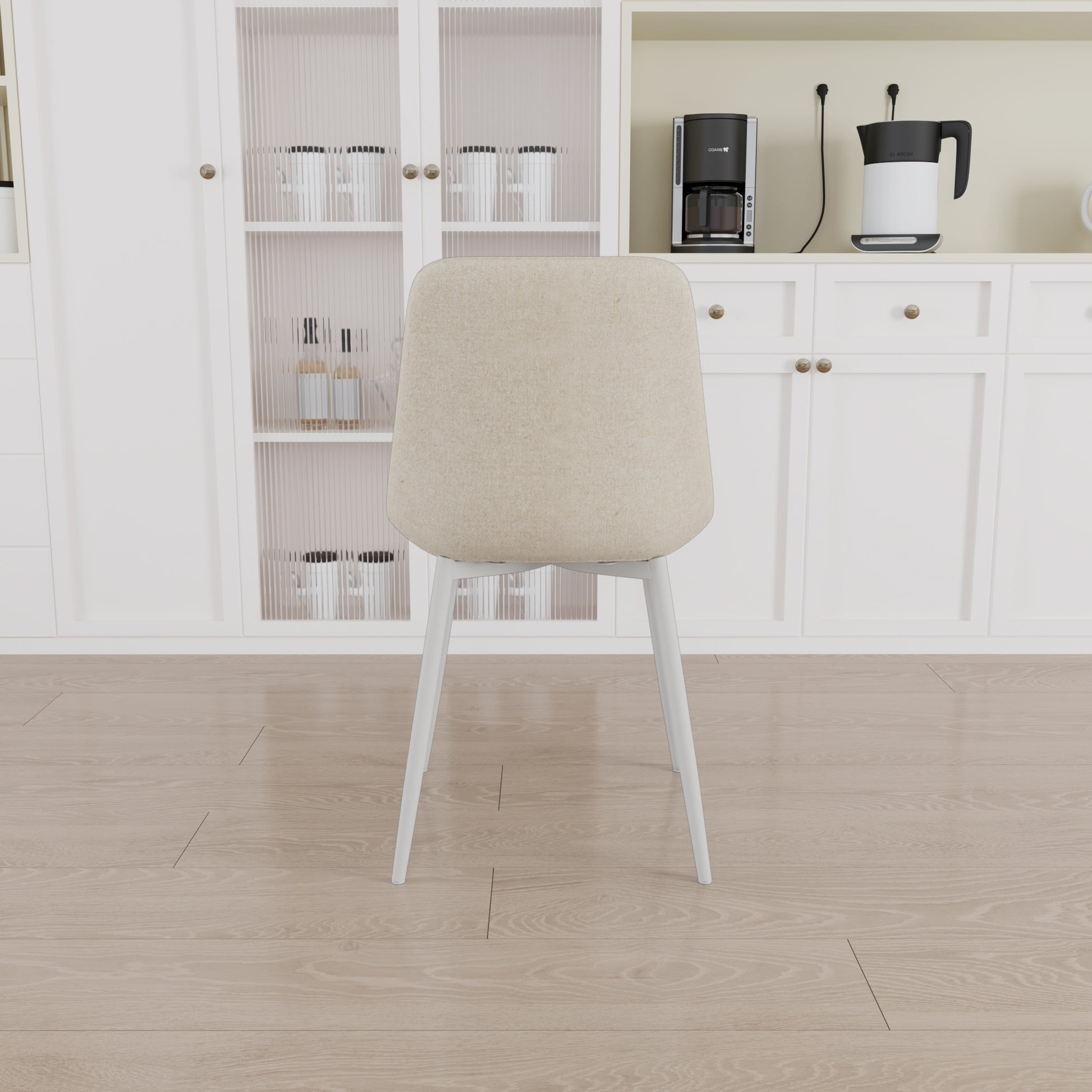 Beige upholstered dining chair with white metal legs modern style for kitchen