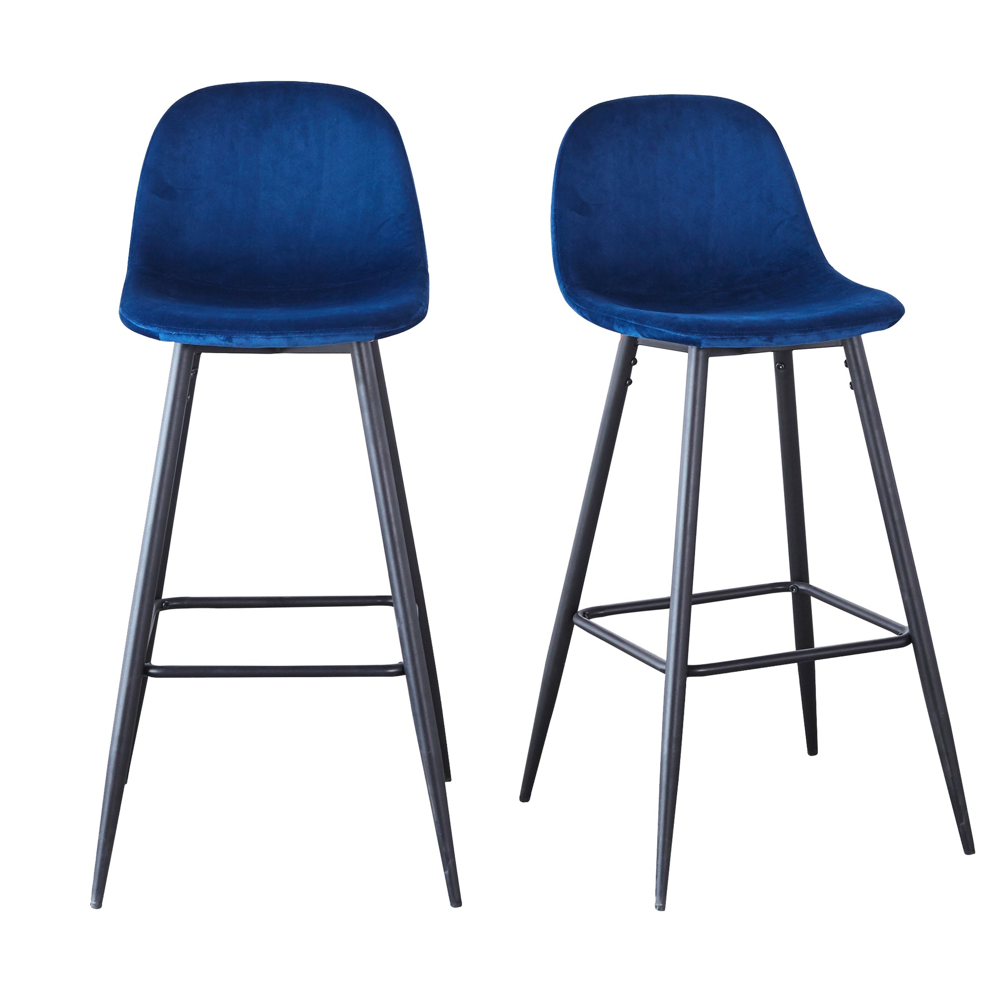 Two navy blue velvet bar stools with black metal legs