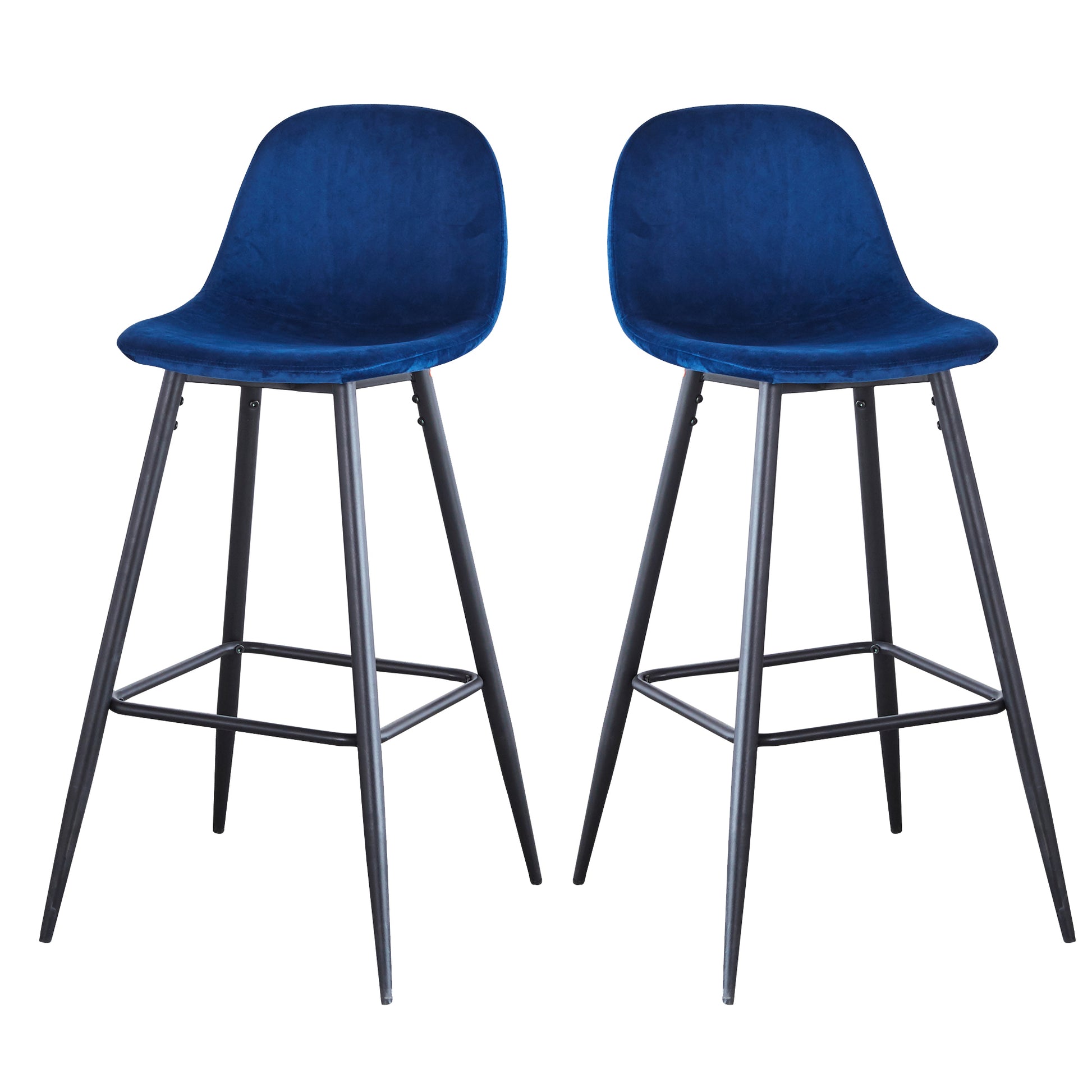 Two deep blue velvet bar stools with black metal legs perfect for a modern kitchen island