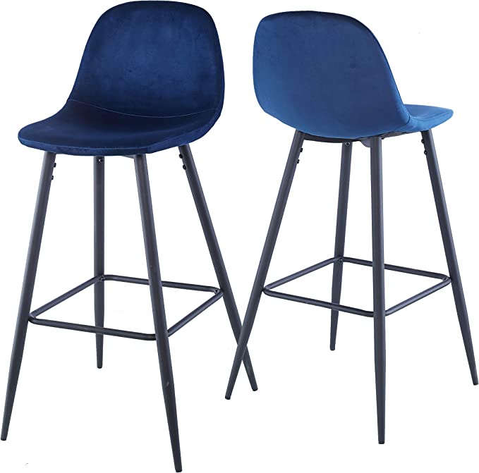 Two navy blue velvet bar stools with black metal legs perfect for modern kitchens