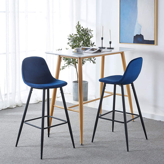 Blue velvet bar stool with black metal legs modern dining chair