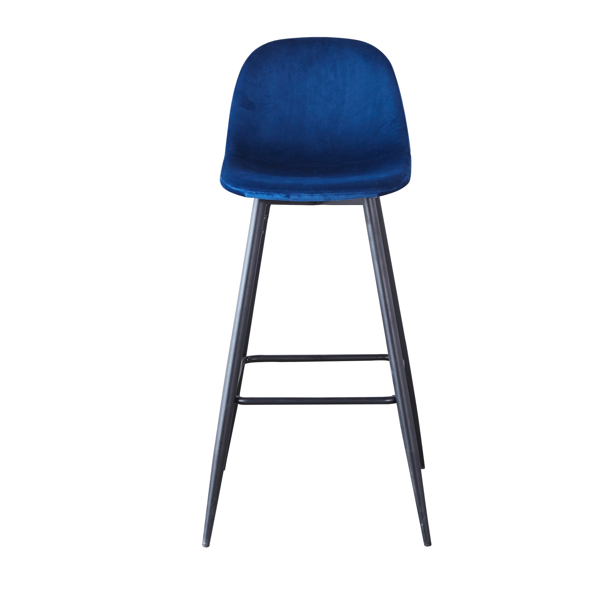 Deep blue velvet bar stool with modern black metal legs perfect for kitchen island seating