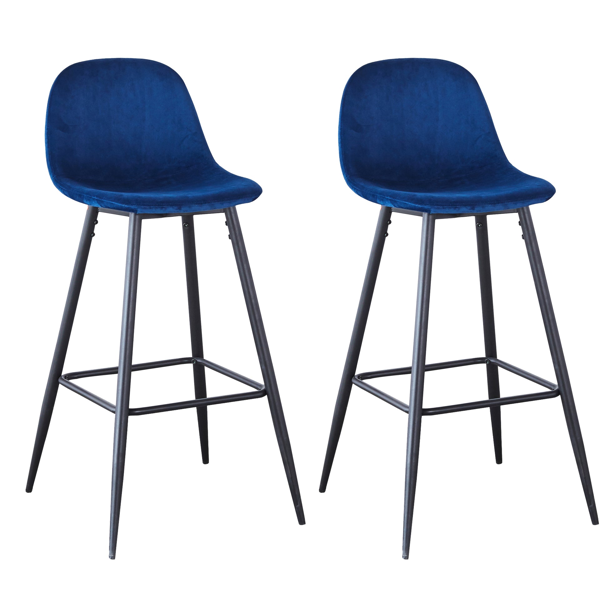 Pair of deep blue velvet bar stools with black metal legs perfect for modern kitchens