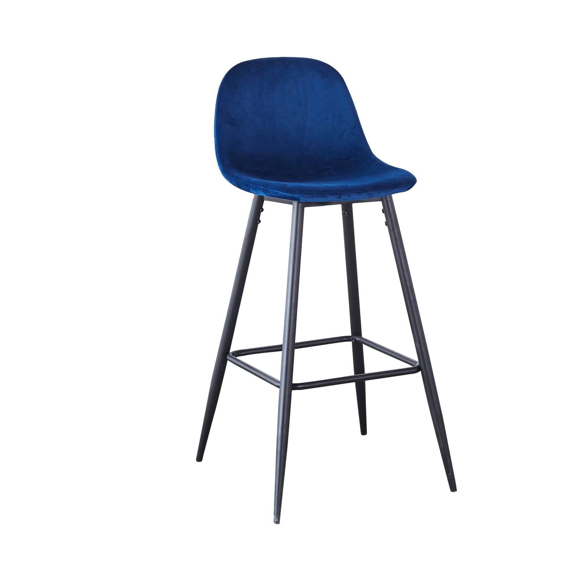 Plush navy blue velvet bar stool with slender black metal legs