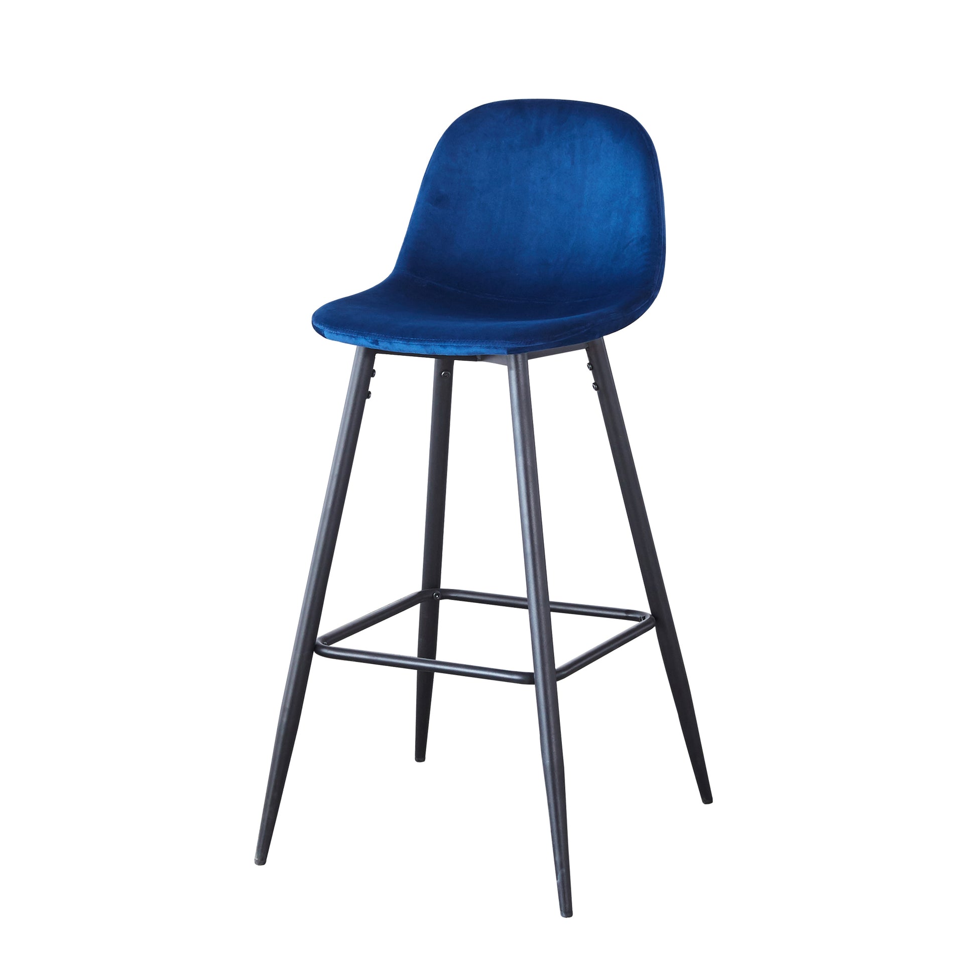 Deep blue velvet upholstered bar stool with black metal legs