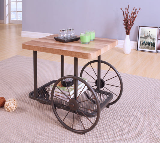 Wooden coffee table with industrial cart wheel accents and metal mesh shelf