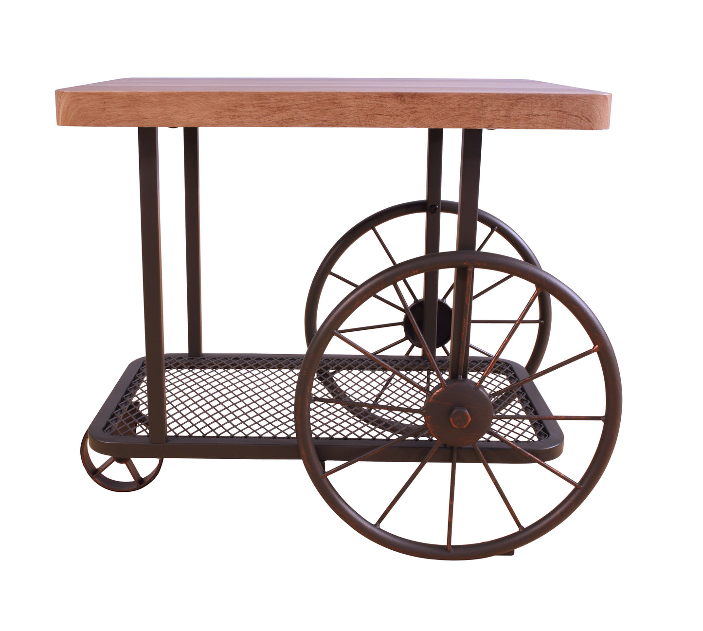 Rustic wooden serving cart with metal wheels and mesh shelf