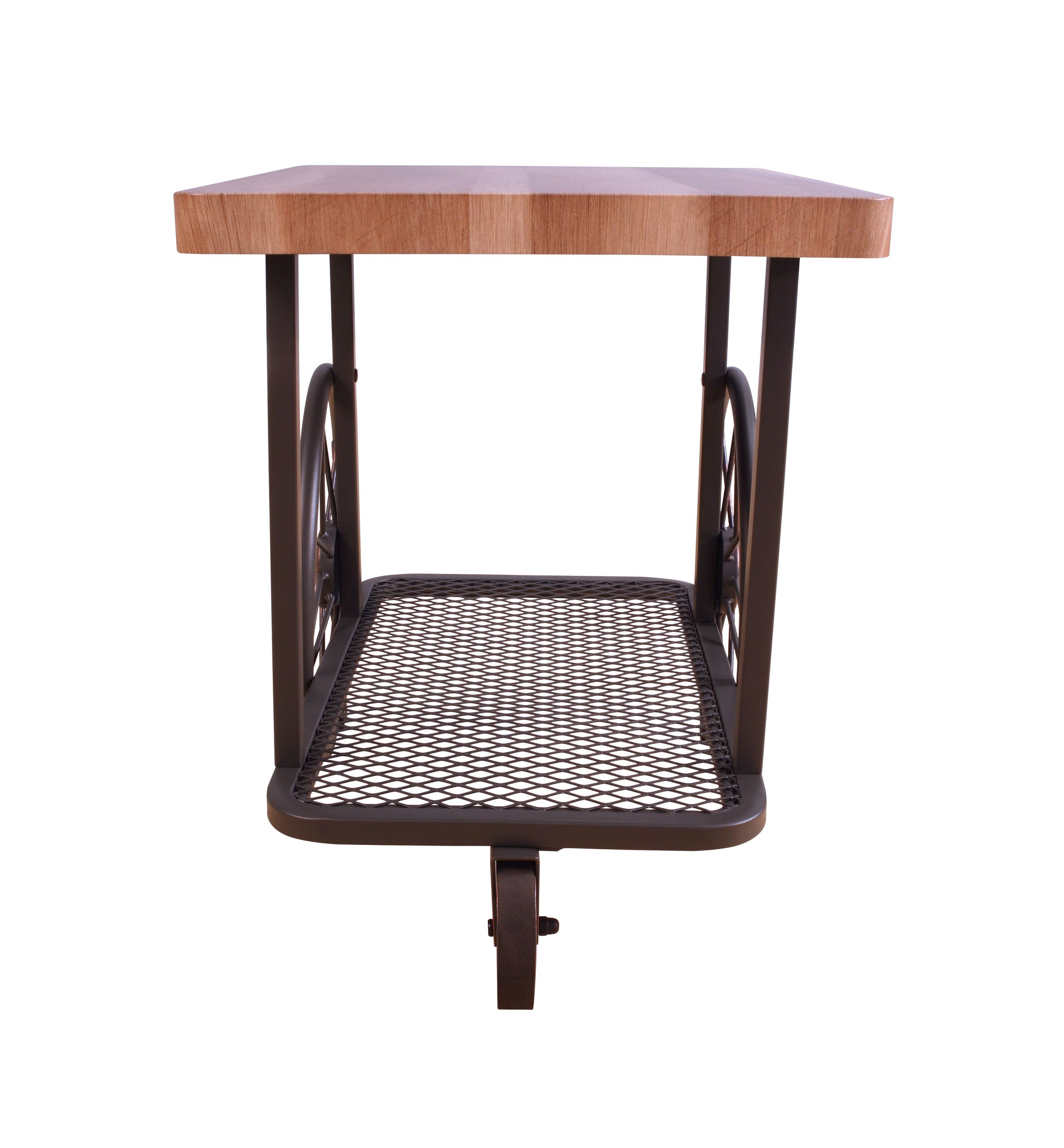 Rustic industrial side table with wooden top and metal mesh shelf