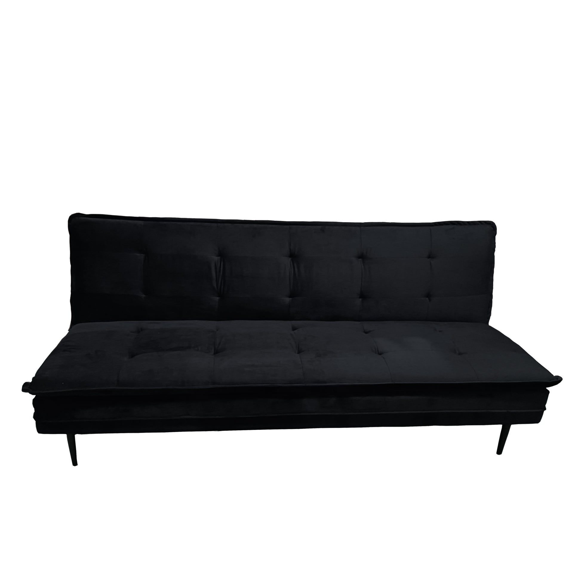 Black velvet convertible sofa with tufted cushions and modern tapered legs