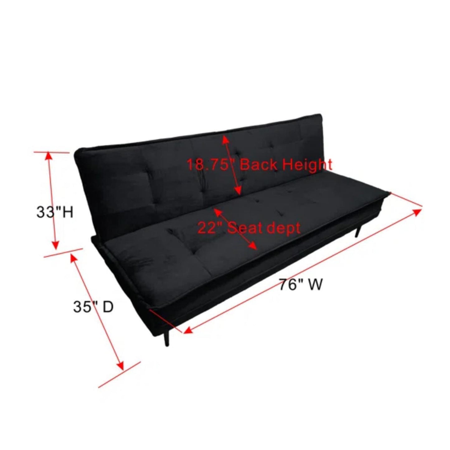 Black velvet futon sofa with tufted cushions and chrome legs  inch width