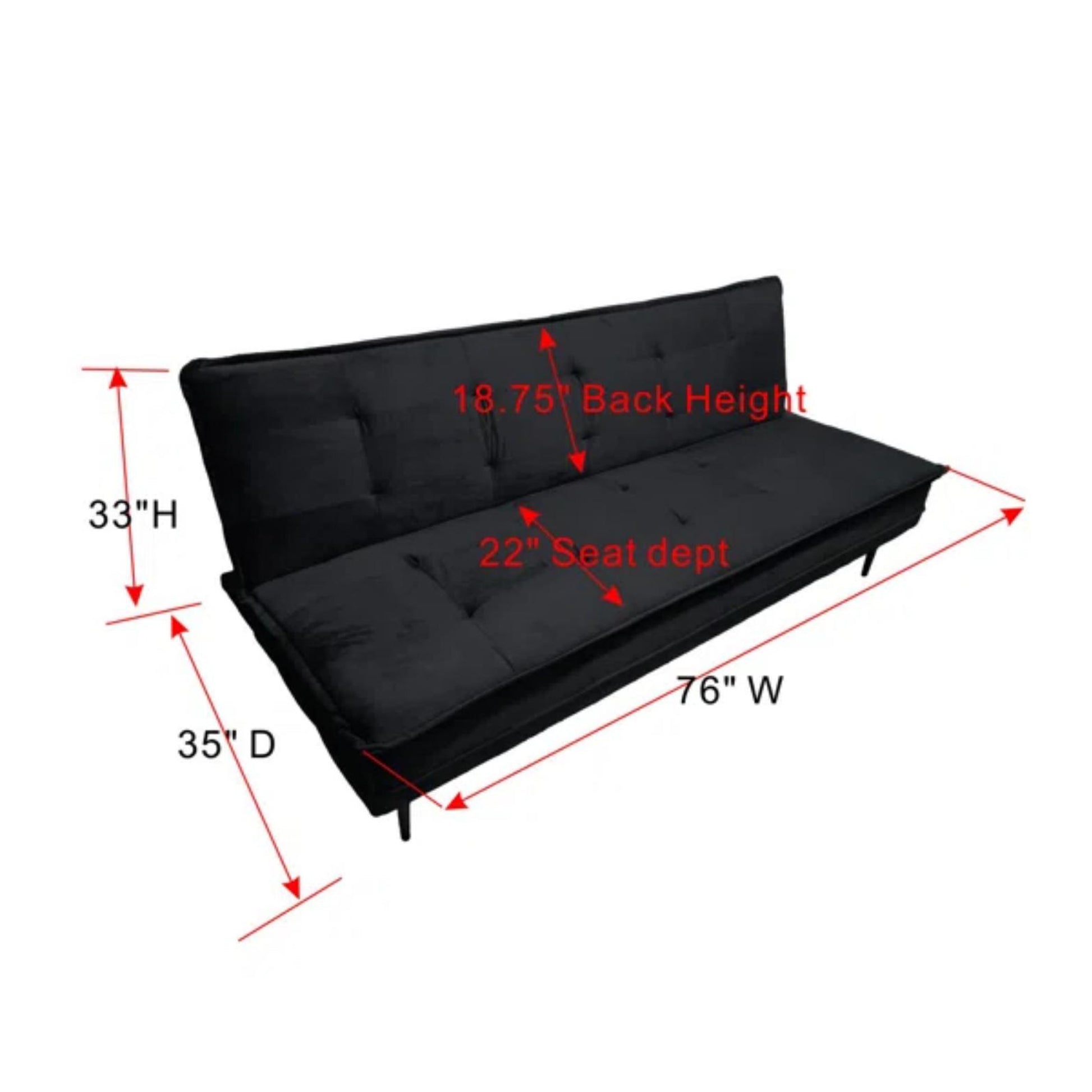Black velvet futon sofa with tufted cushions and chrome legs  inch width