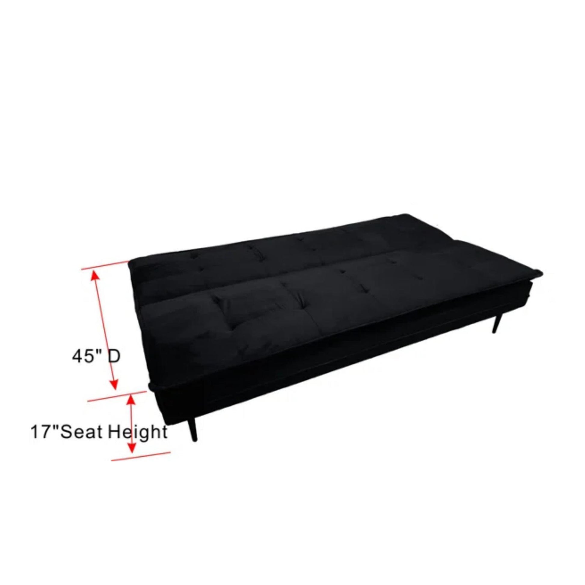 Black velvet futon couch with tufted cushions and dark legs  D
