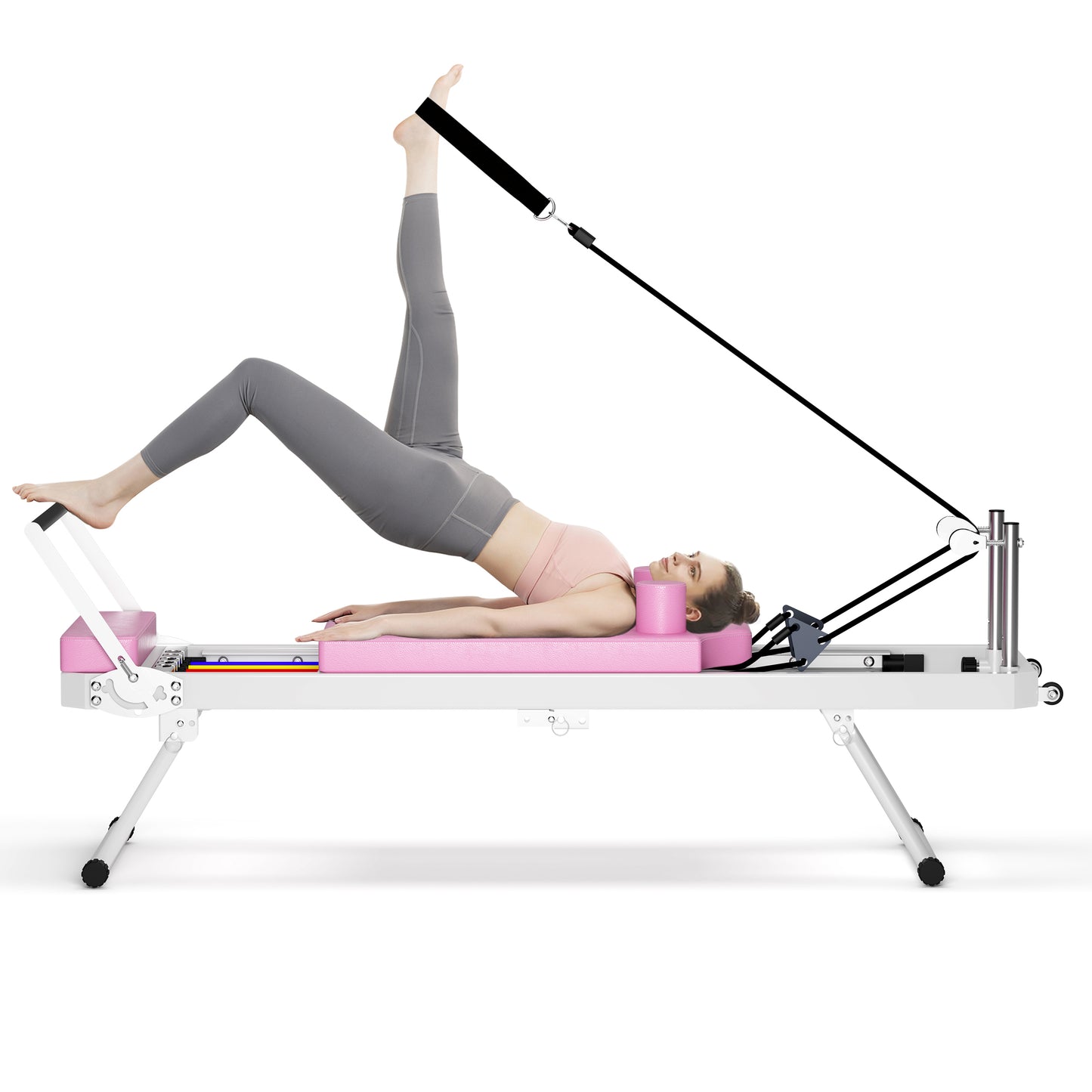 Pink Pilates reformer with woman exercising leg strap for core strengthening