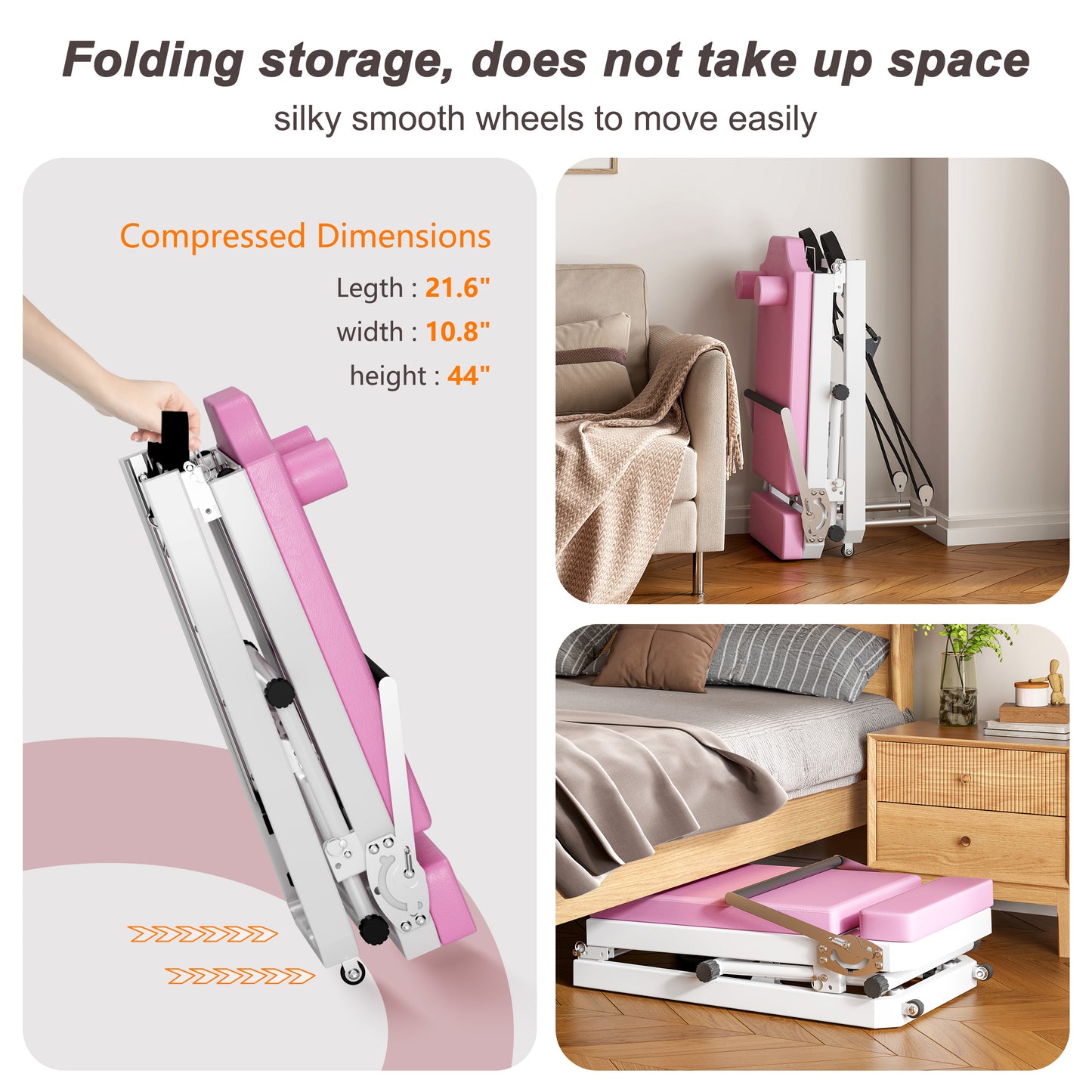 Pink folding massage table with smooth wheels ideal for home spa