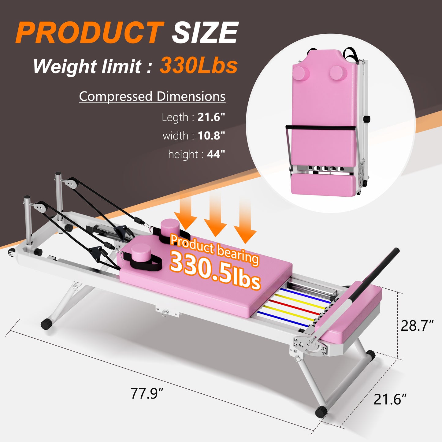 Pink Pilates reformer with adjustable resistance bands and padded footrest  lbs capacity