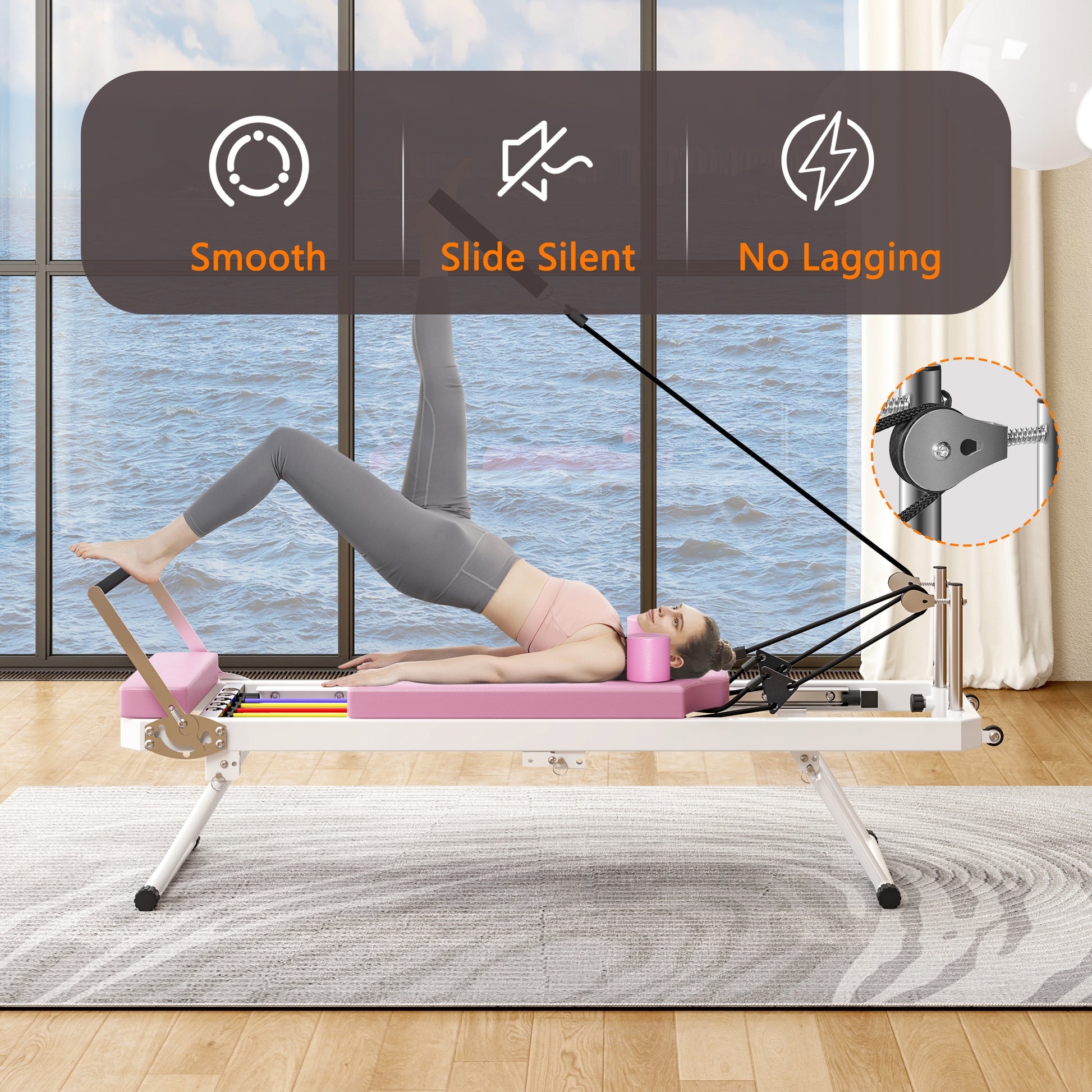 Pink pilates reformer with resistance bands and foot bar for home workouts