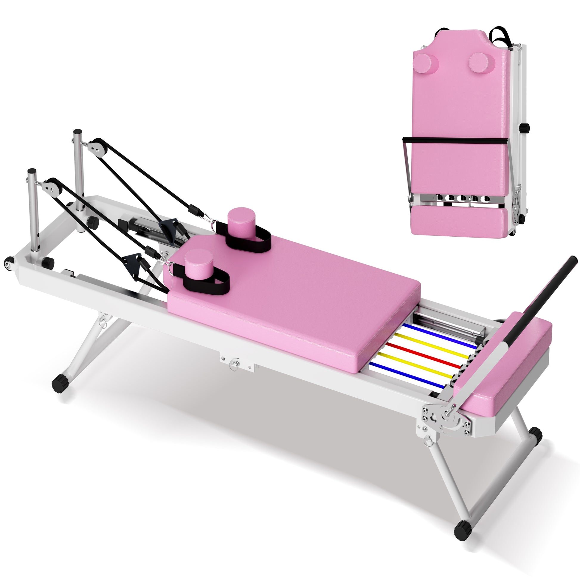 Pink Pilates reformer with adjustable resistance bands for home workouts