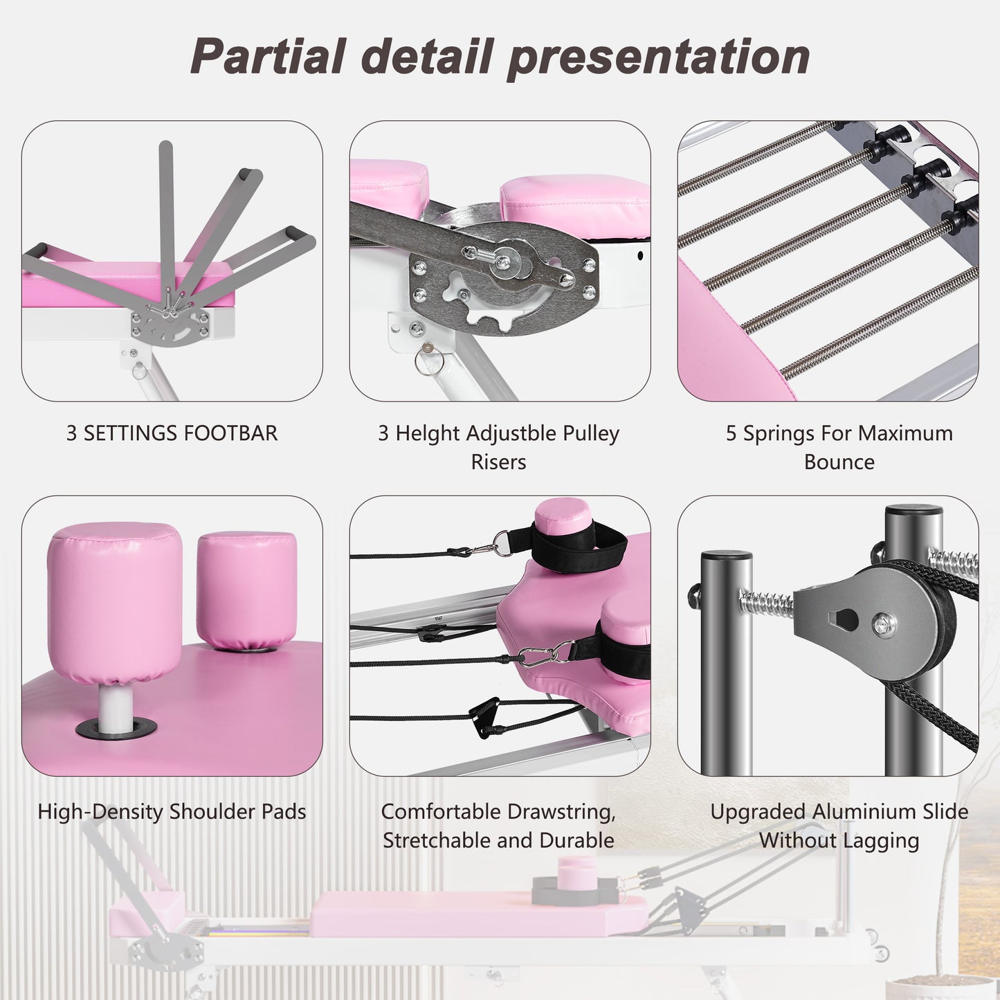 Pink pilates reformer with adjustable setting footbar