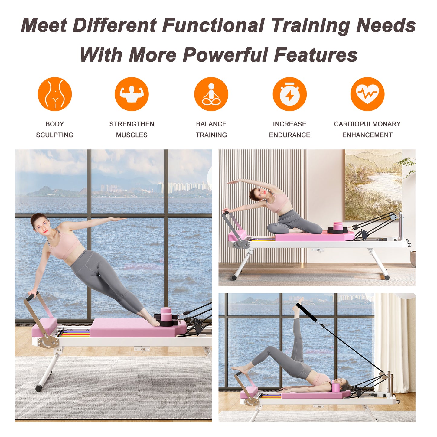 Woman performing core exercise on pink pilates reformer ideal for body sculpting