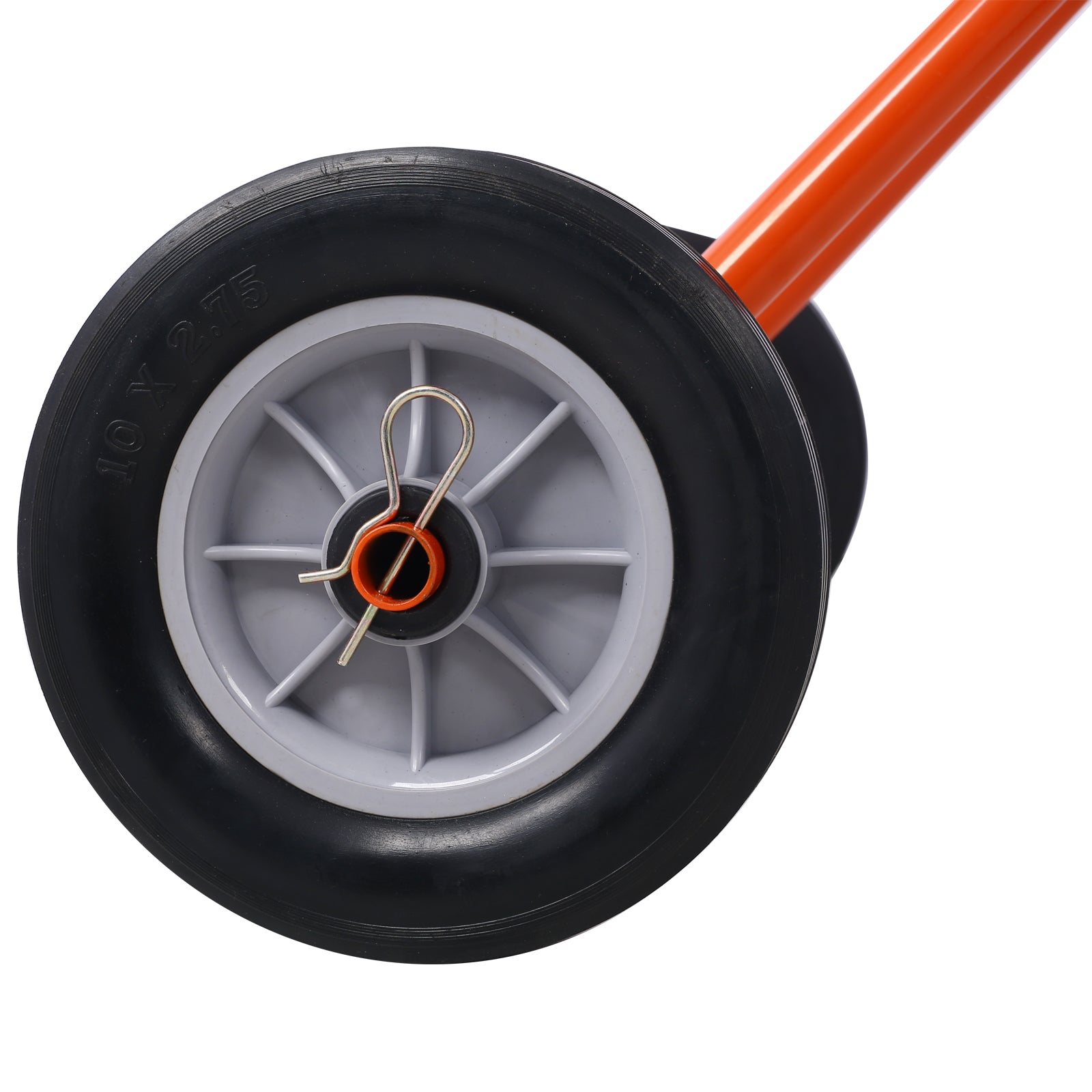 Closeup of a x pneumatic wheel with a grey plastic rim and orange accent