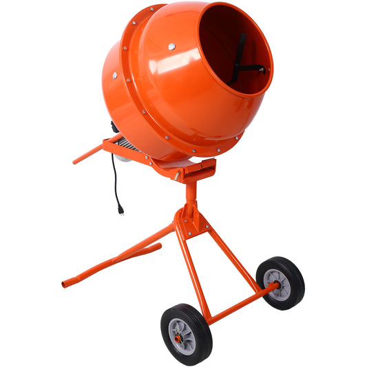 Orange portable cement mixer with a steel drum and dual wheels