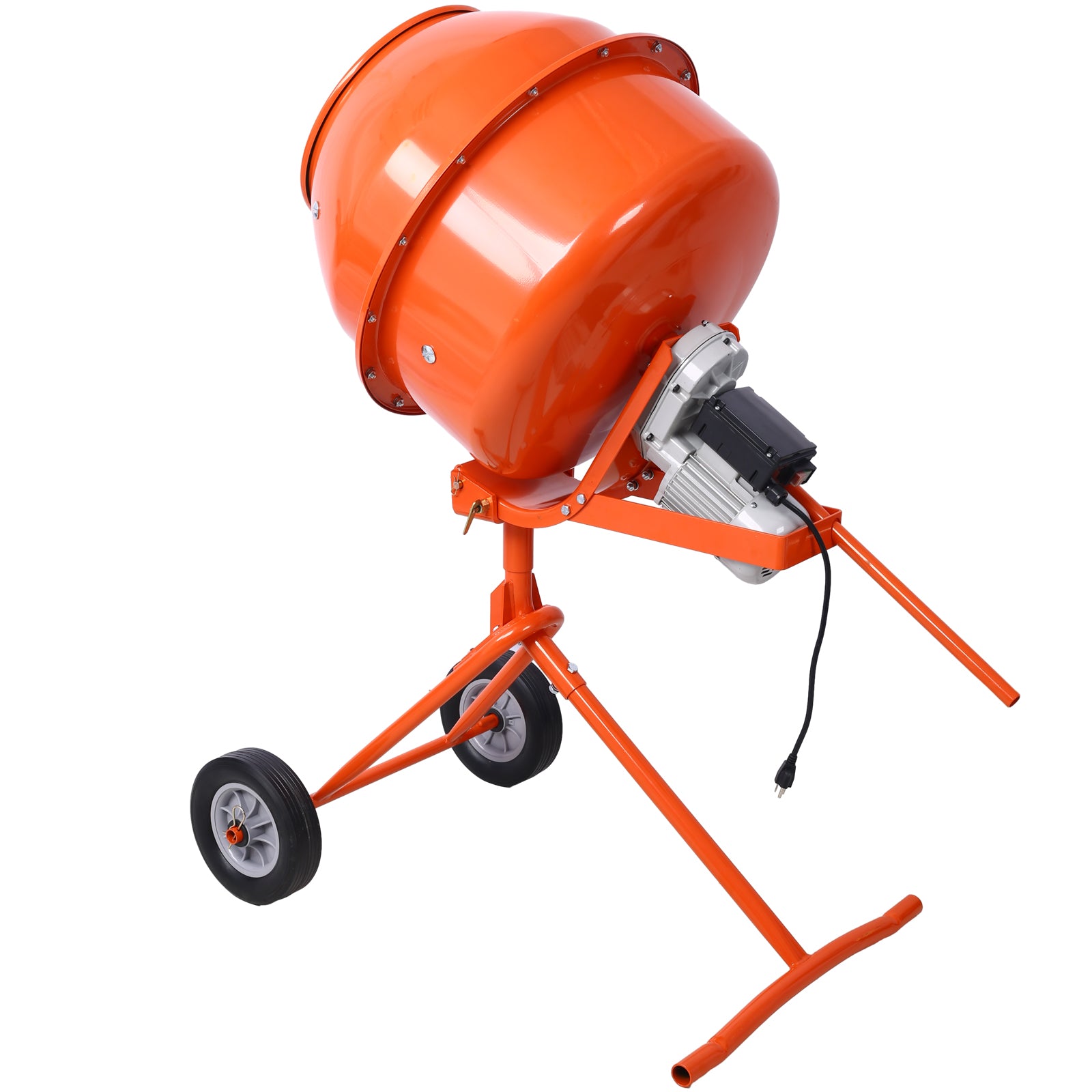 Orange portable cement mixer with electric motor and wheels for construction site