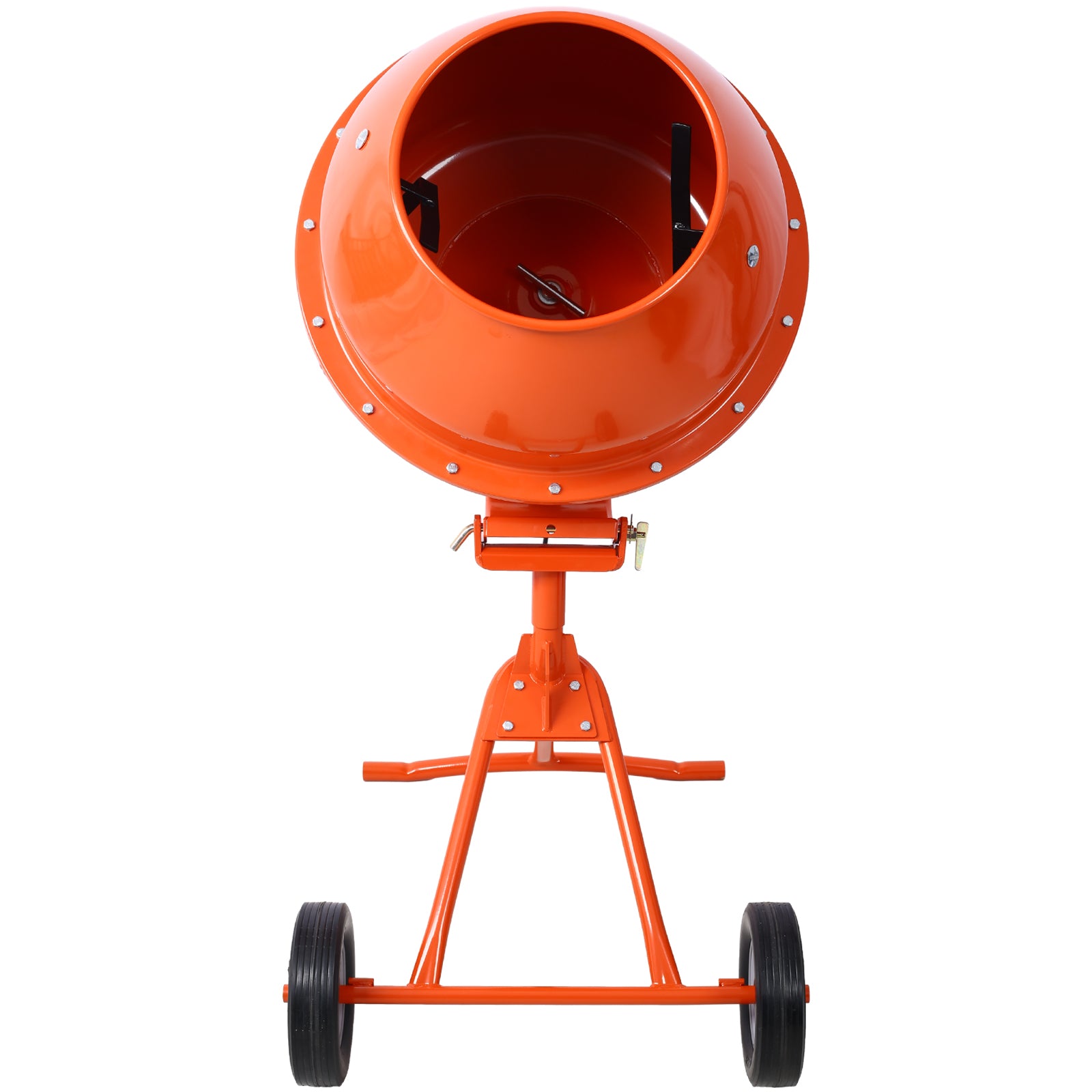 Orange portable cement mixer with sturdy frame and wheels