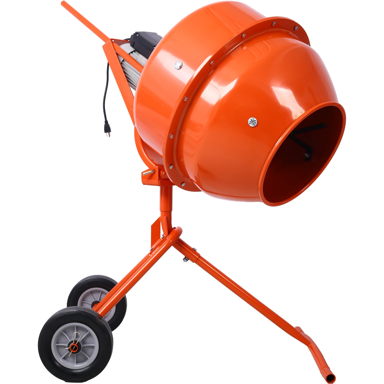 Orange electric cement mixer with wheels ideal for construction projects