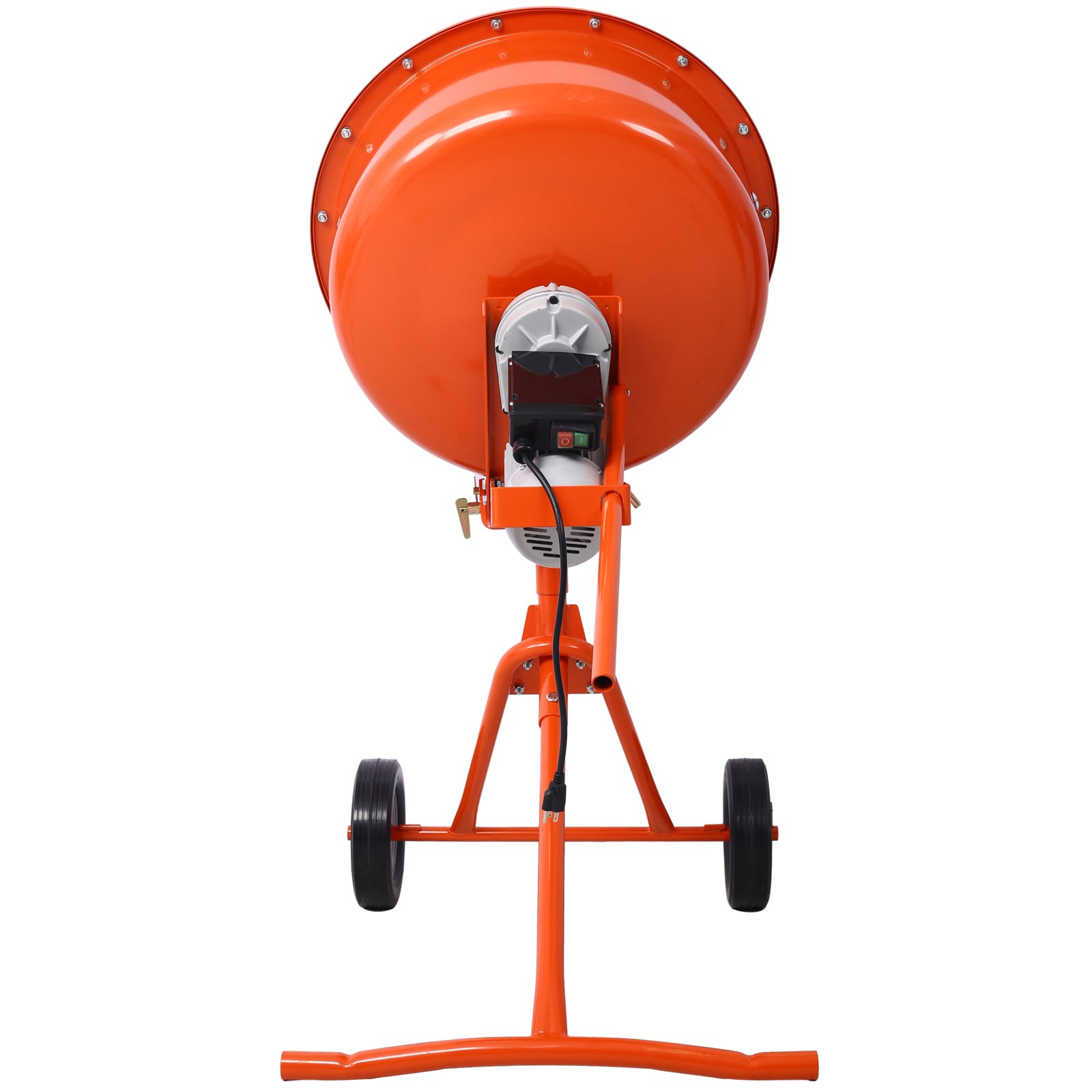 Orange electric cement mixer with a large drum and wheels