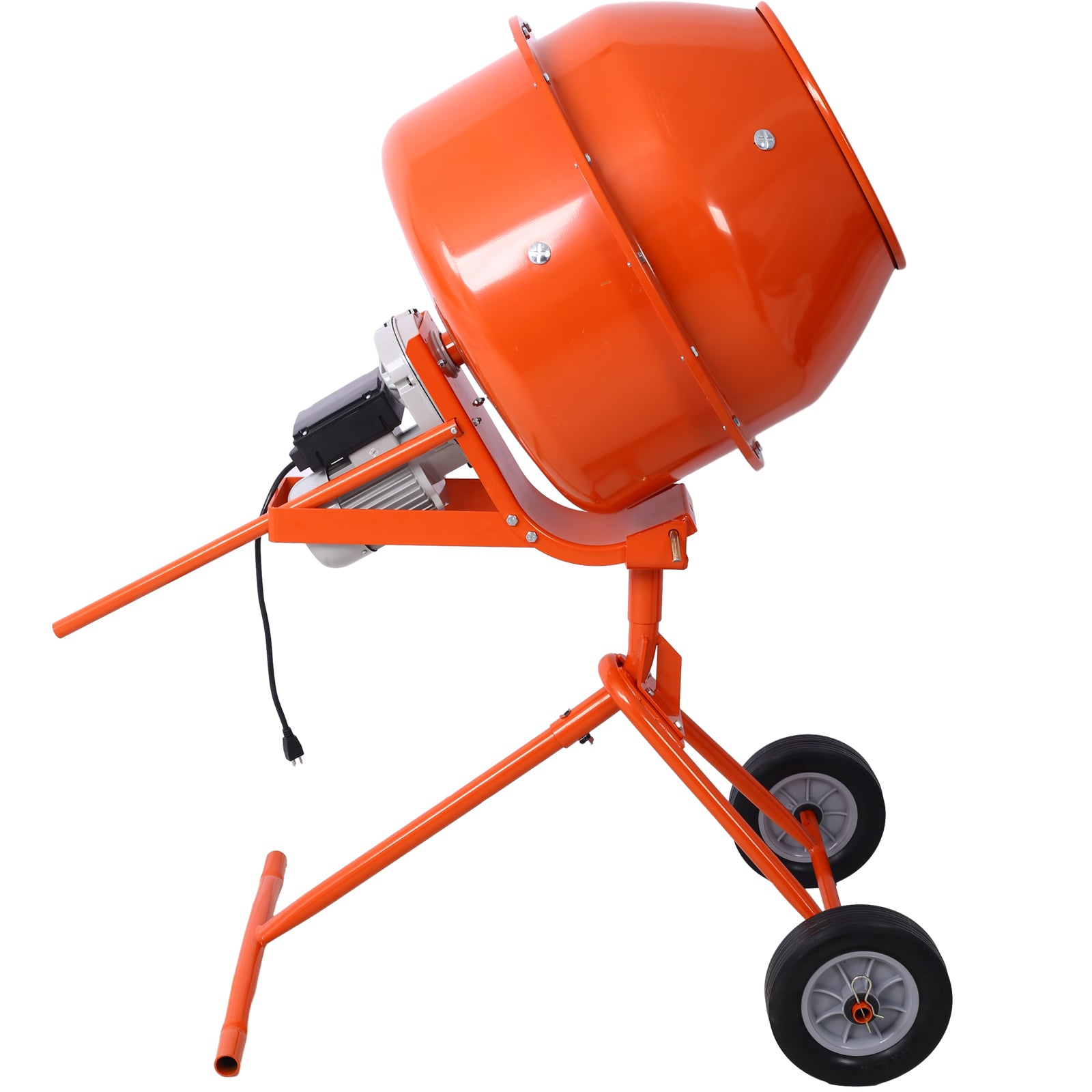 Orange electric cement mixer with tilting drum and wheeled base for construction sites