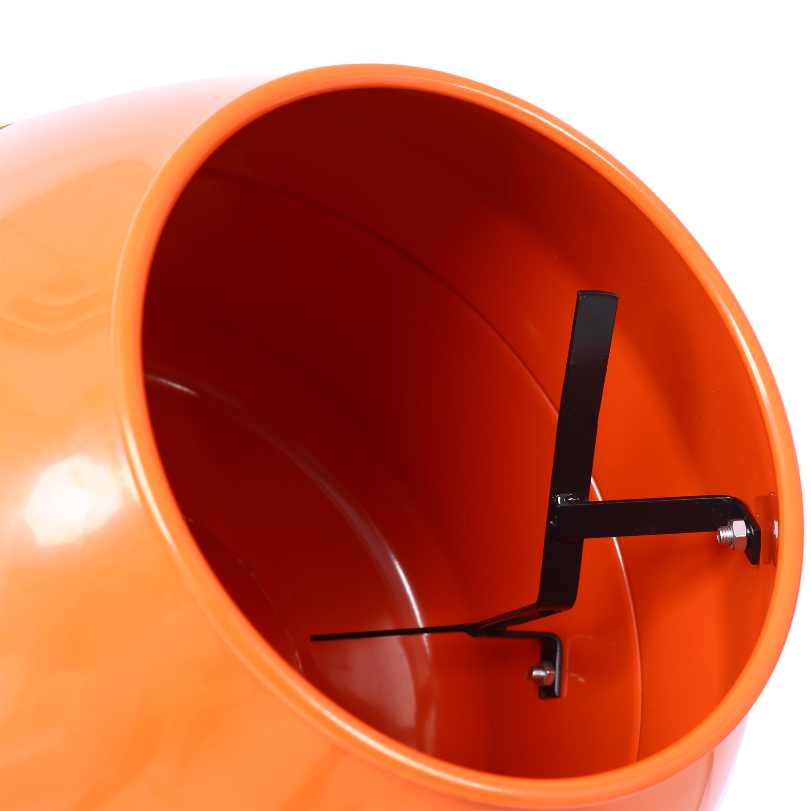 Orange portable cement mixer drum interior with black mixing paddles attached