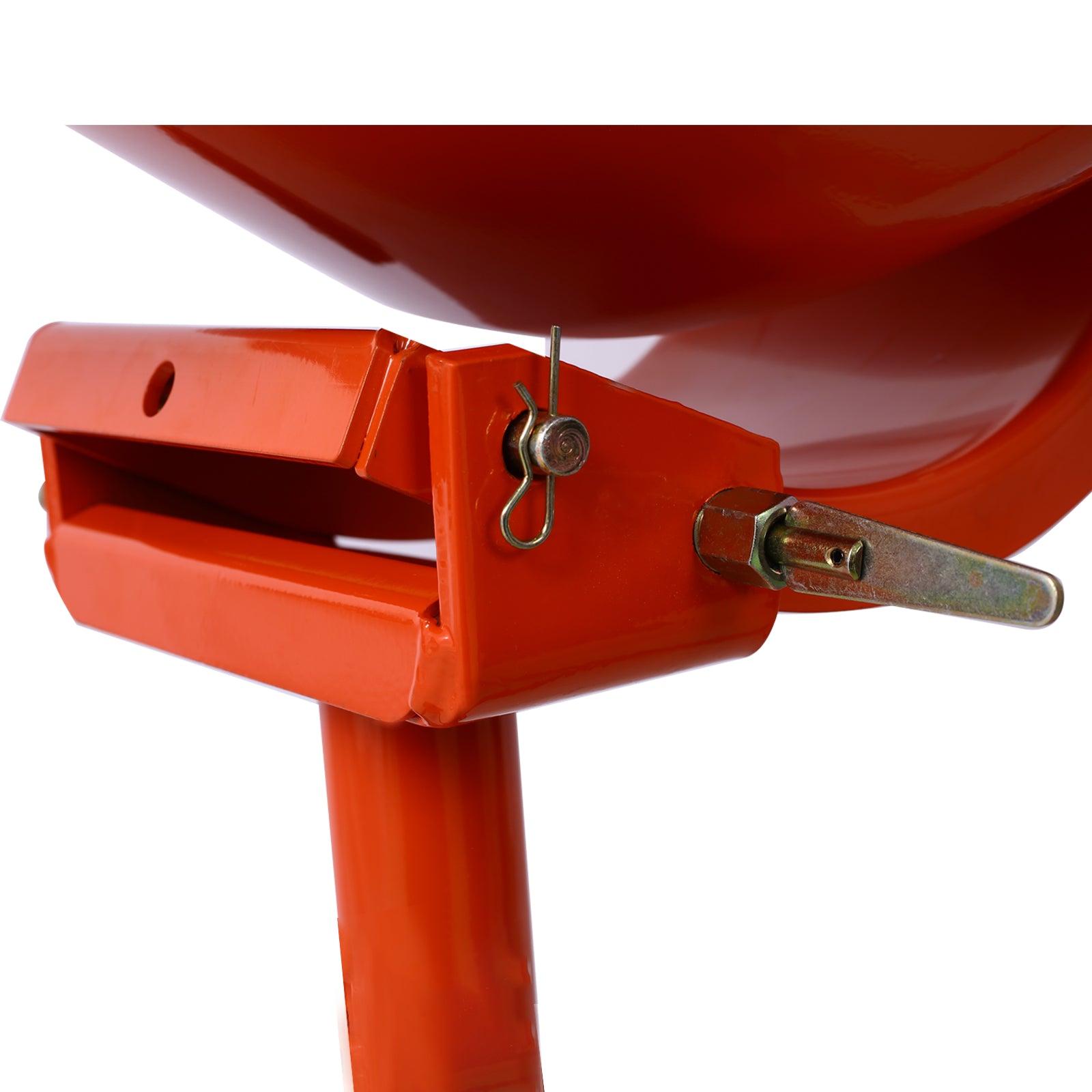 Orange metal frame with clevis pin and bolt for conveyor roller adjustment