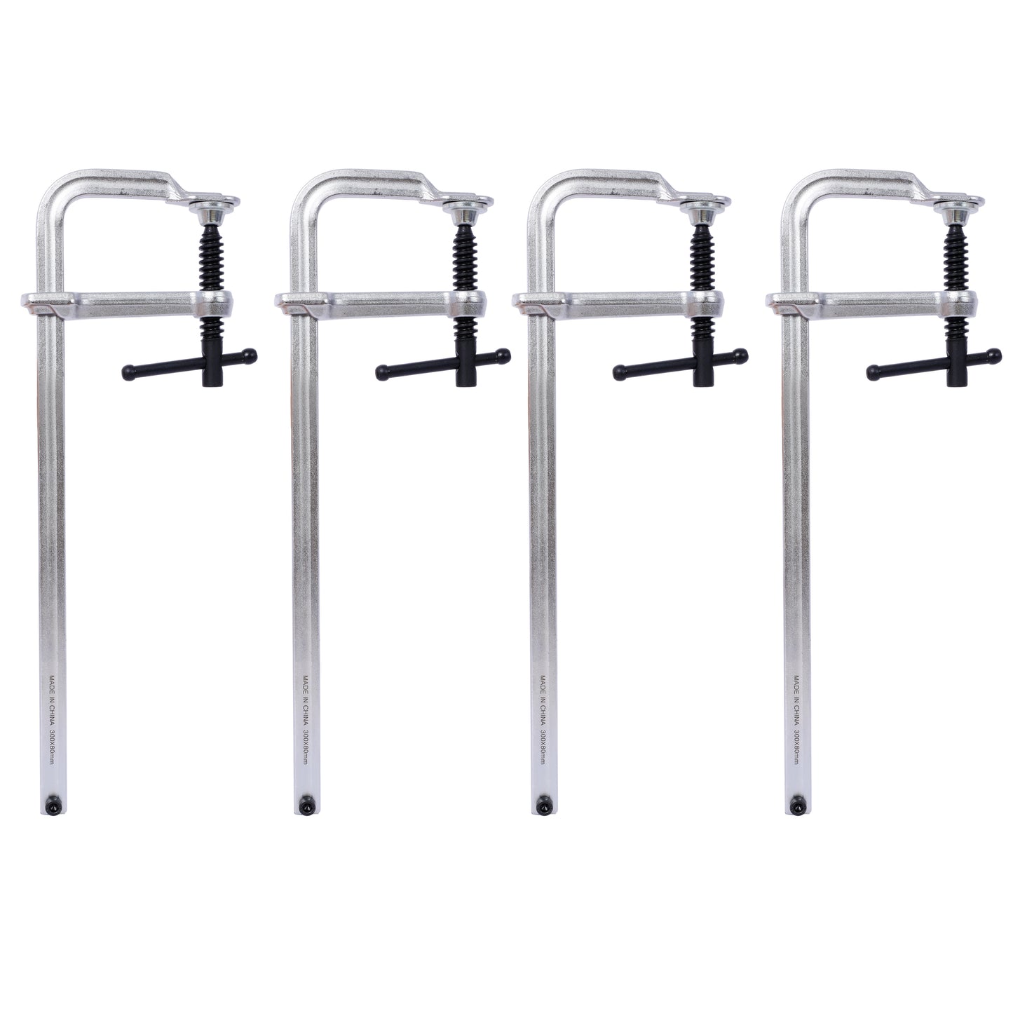 Four silver metal bar clamps with black handles for woodworking