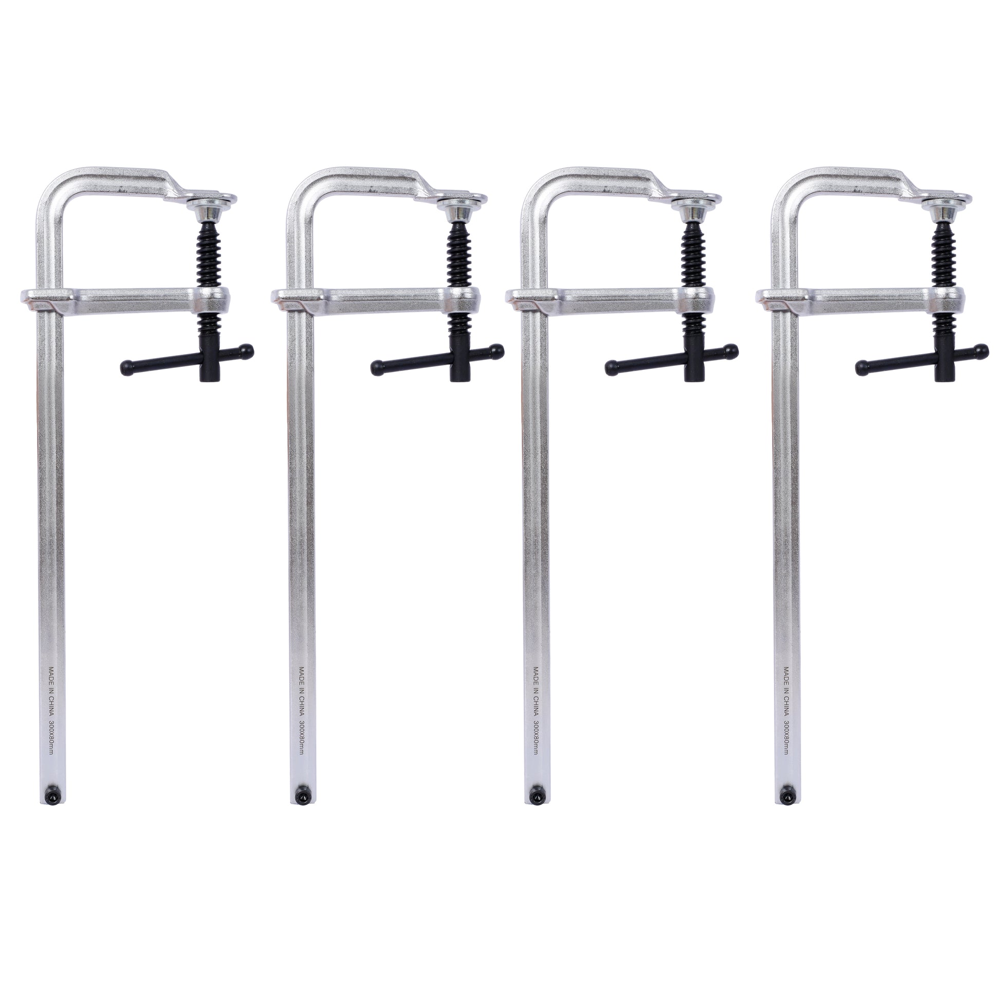 Four silver metal bar clamps with black handles for woodworking