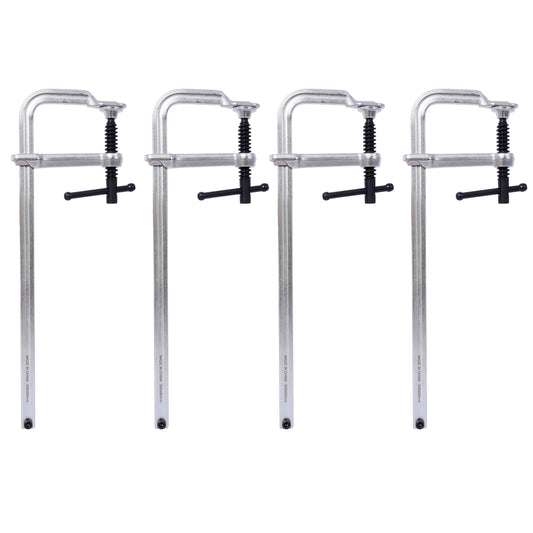 Four silver metal bar clamps with black handles for woodworking