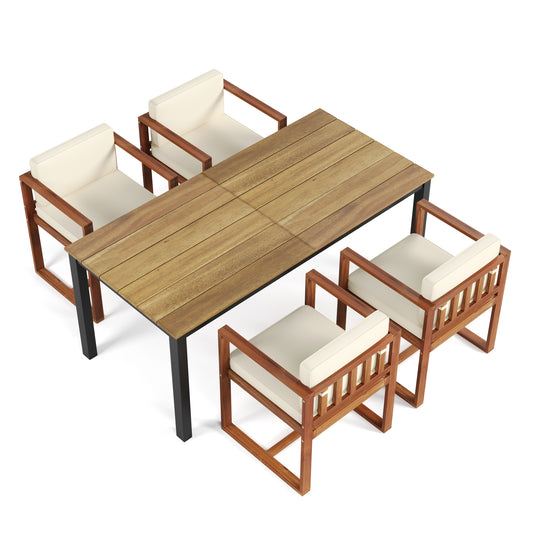 Wooden patio dining set with four cream cushioned chairs and slatted backs