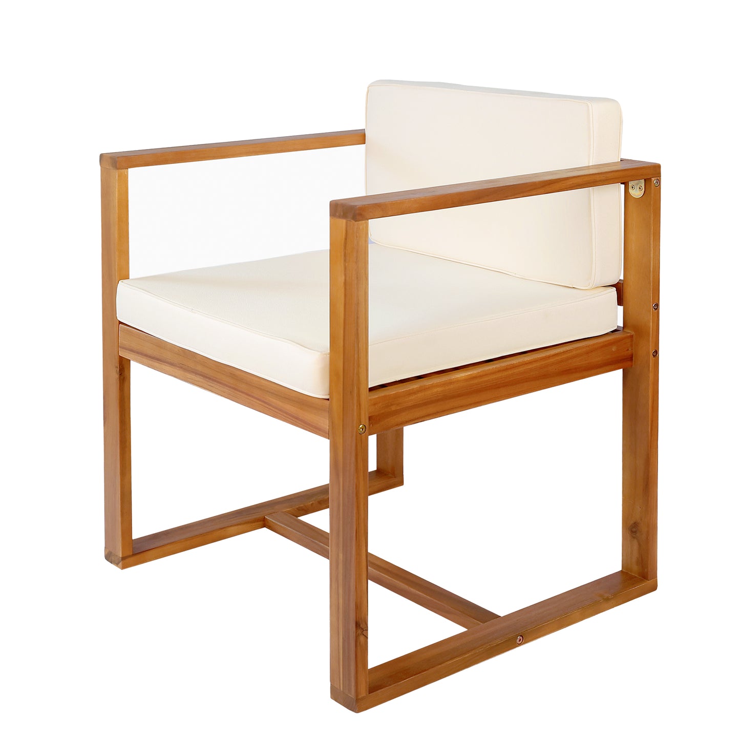 Modern wooden armchair with cream cushions perfect for outdoor seating