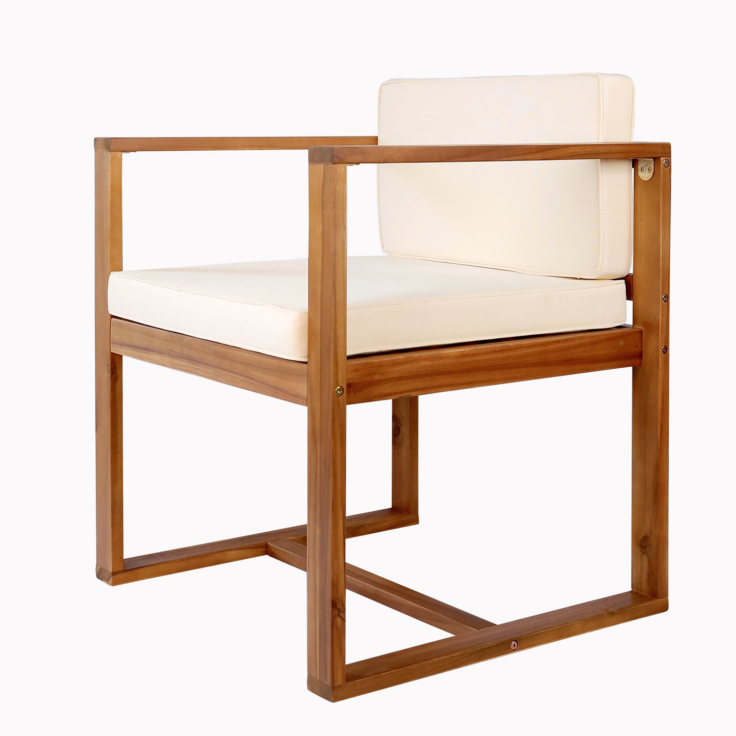 Teak wood accent chair with offwhite seat and back cushions modern design