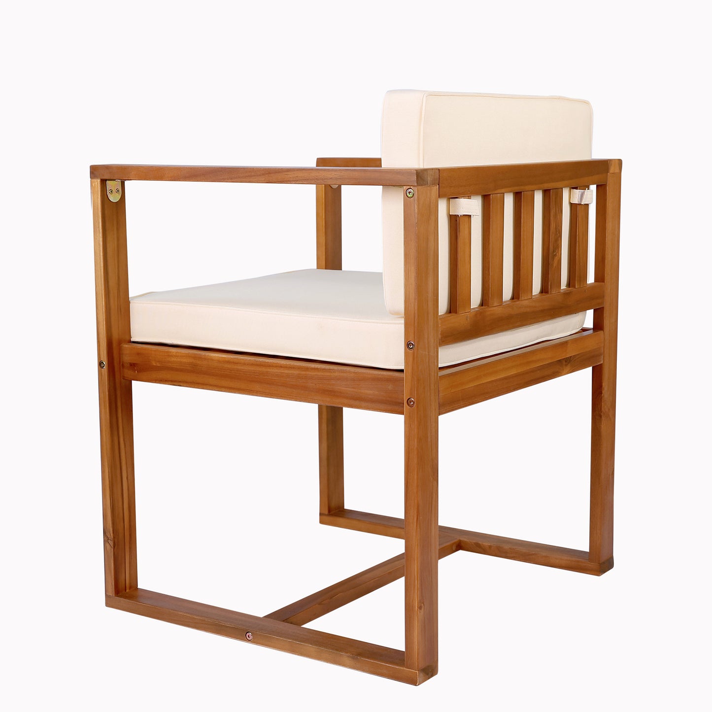 Modern wooden armchair with natural finish and cream cushions perfect for outdoor living spaces