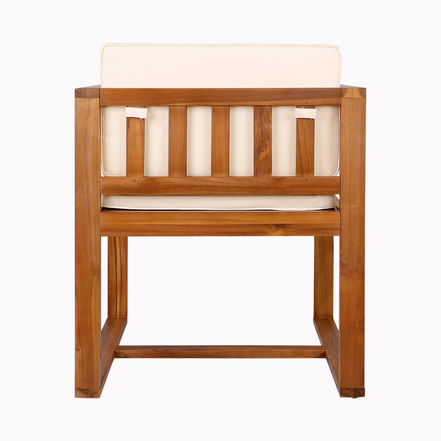 Front view of a light cream upholstered wooden armchair solid wood frame