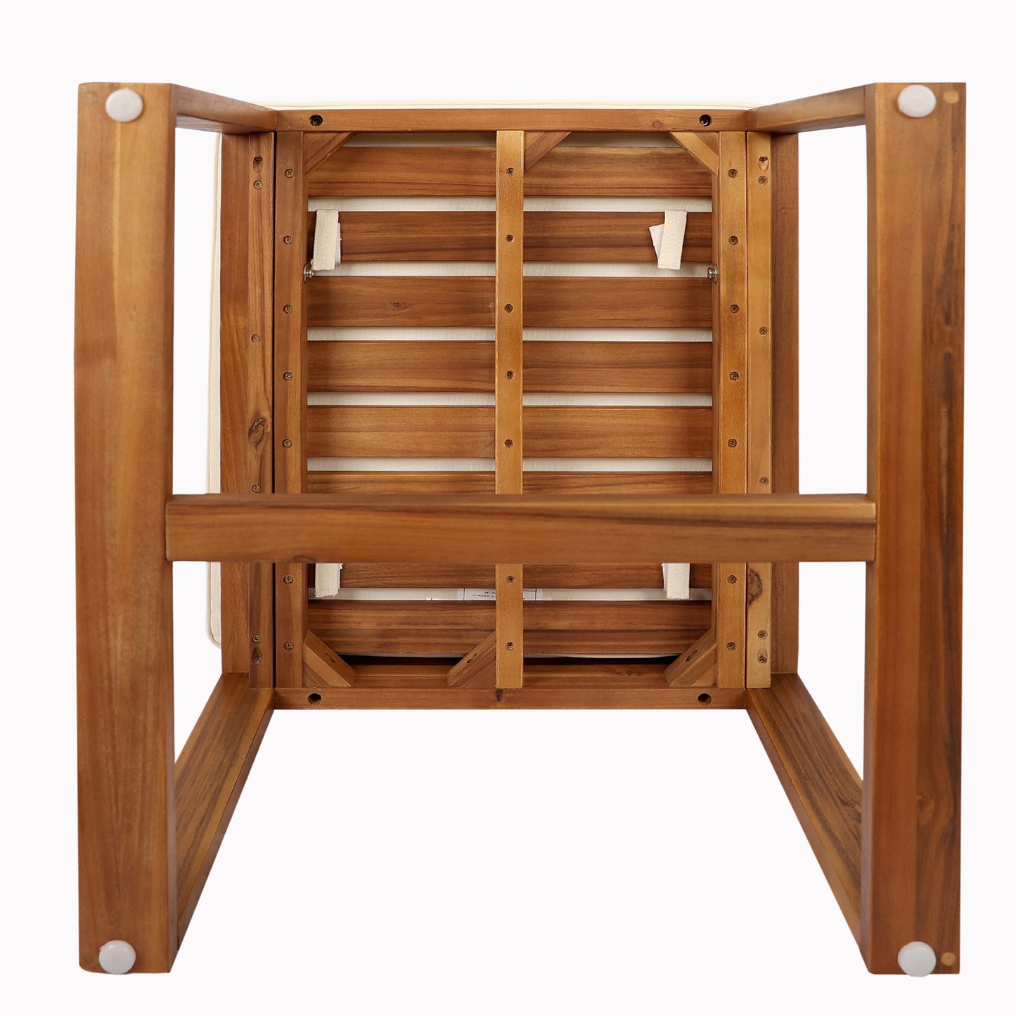 Underside view of a wooden dining chair with white fabric seat and slatted support